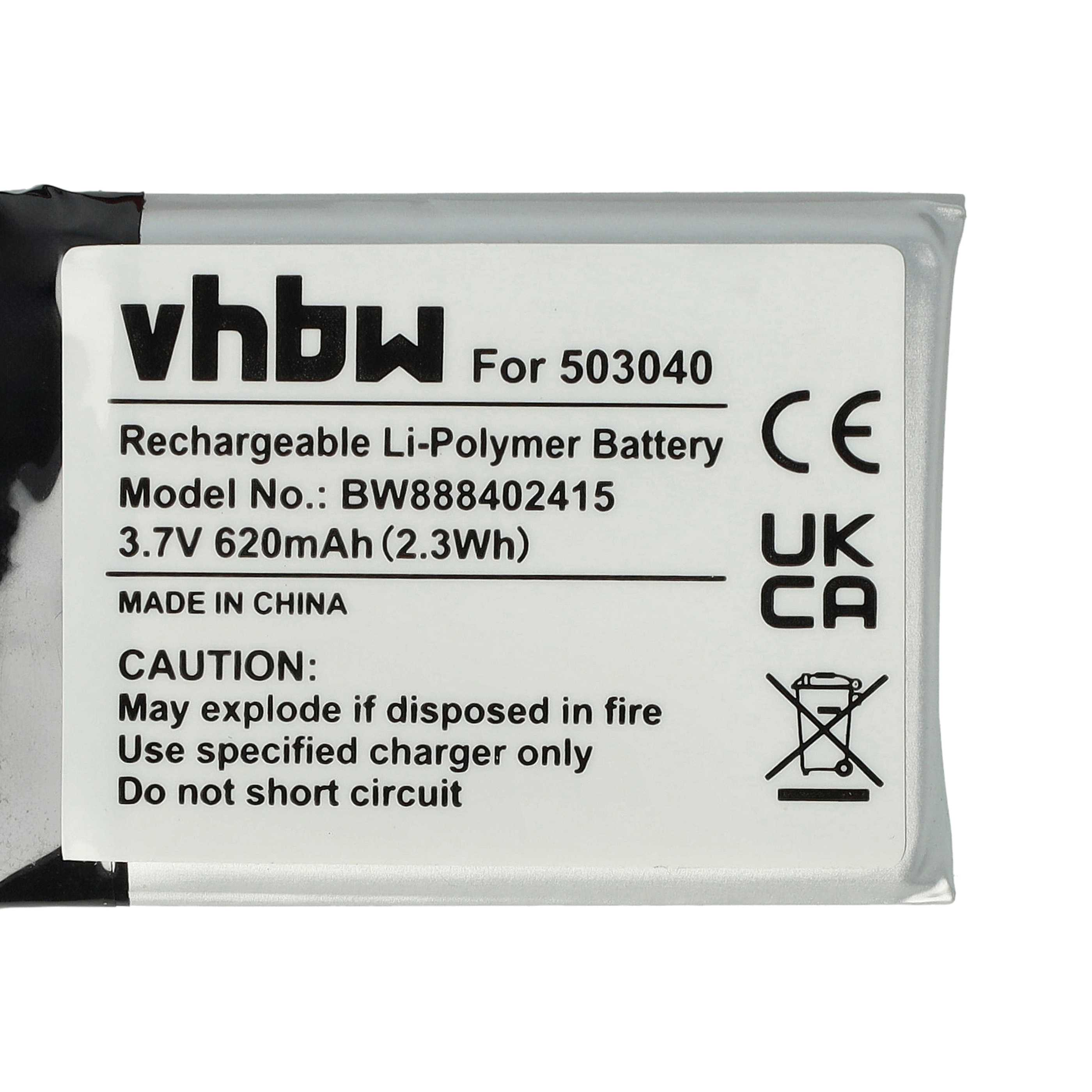 Batteriepack mit weißem Etikett, schwarzem Text. Enthält Warnhinweise und CE-, UK CA-Symbole. Die Marke ist vhbw.