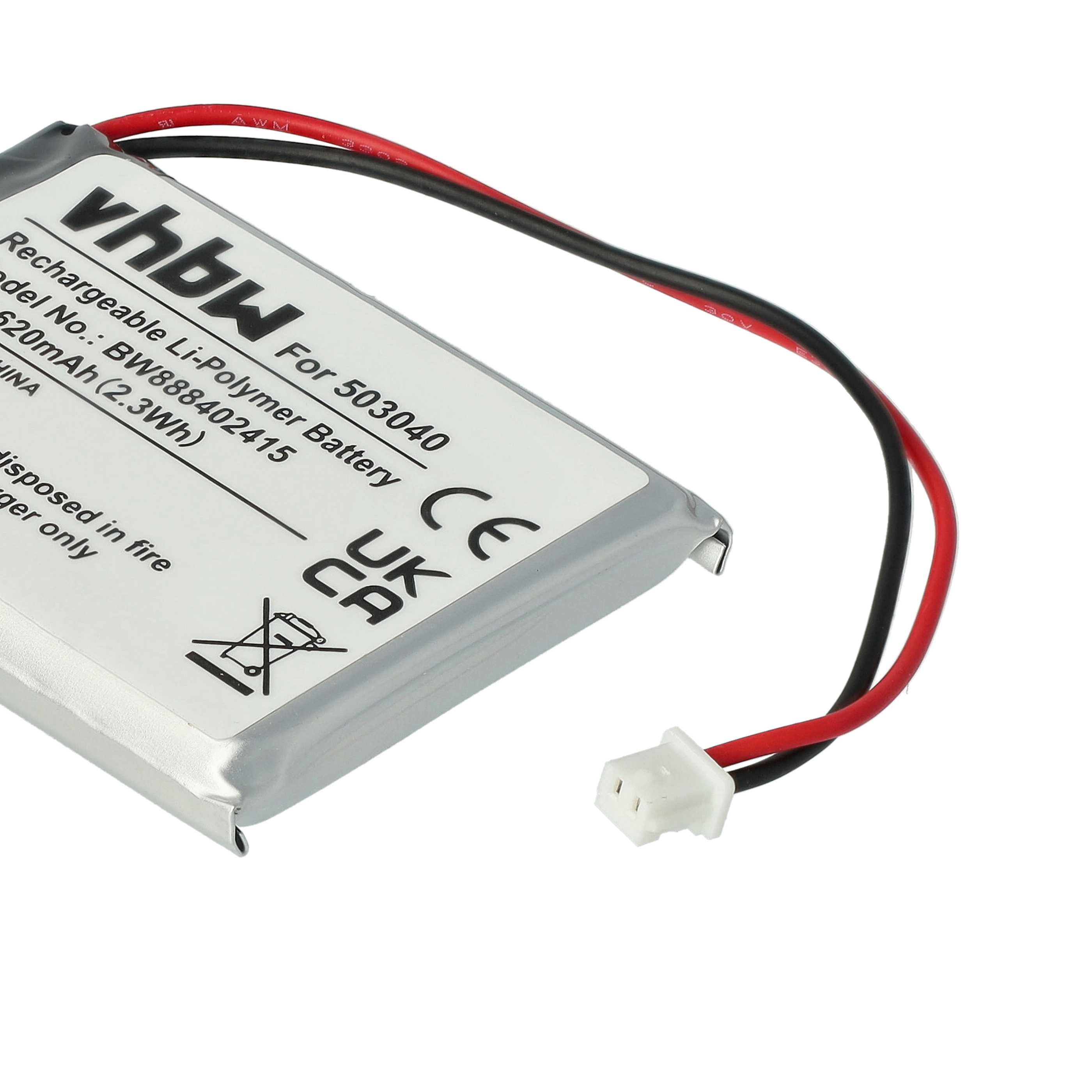 Ein silberner Akku mit schwarzen und roten Drähten, einem weißen Stecker und dem Text 'vhbw Rechargeable Li-Polymer Battery'.