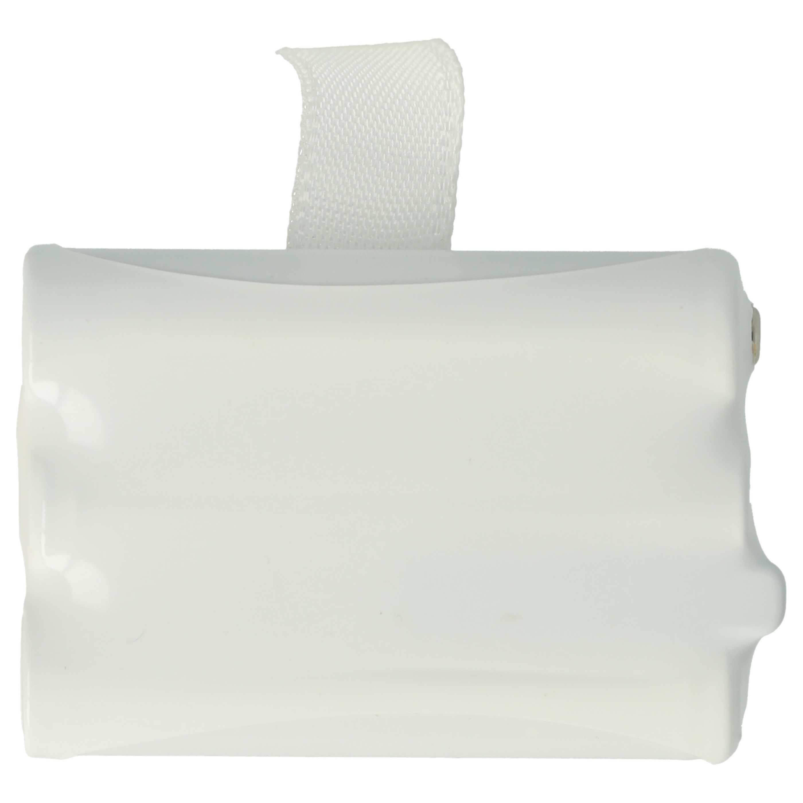 Ein weißes Akkupack mit einer weißen Stoffschlaufe oben. Das Pack hat eine gebogene Form und wirkt sauber.