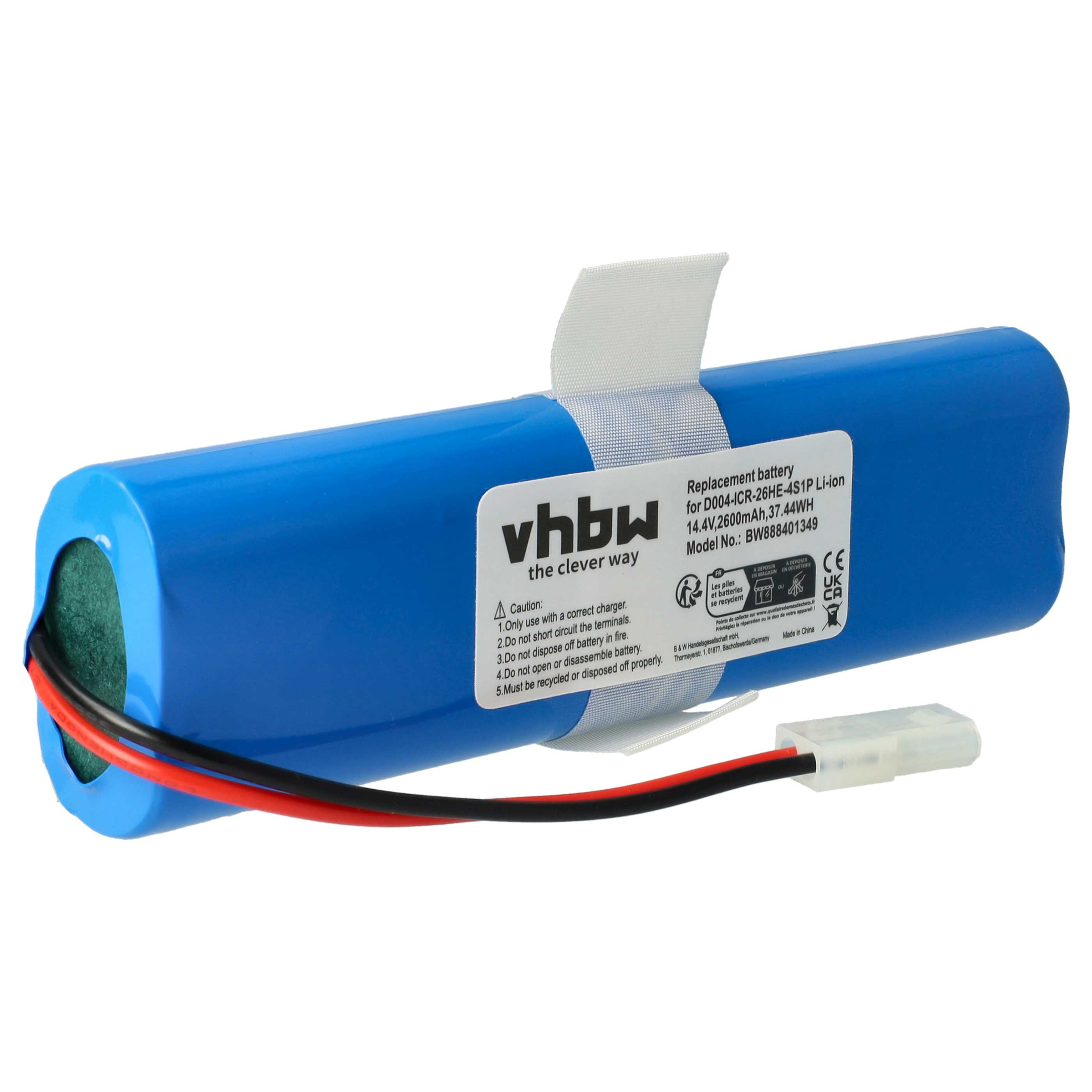 Blaue Batterie mit weißem Etikett, Vorsichtstext und rot/schwarzen Drähten.