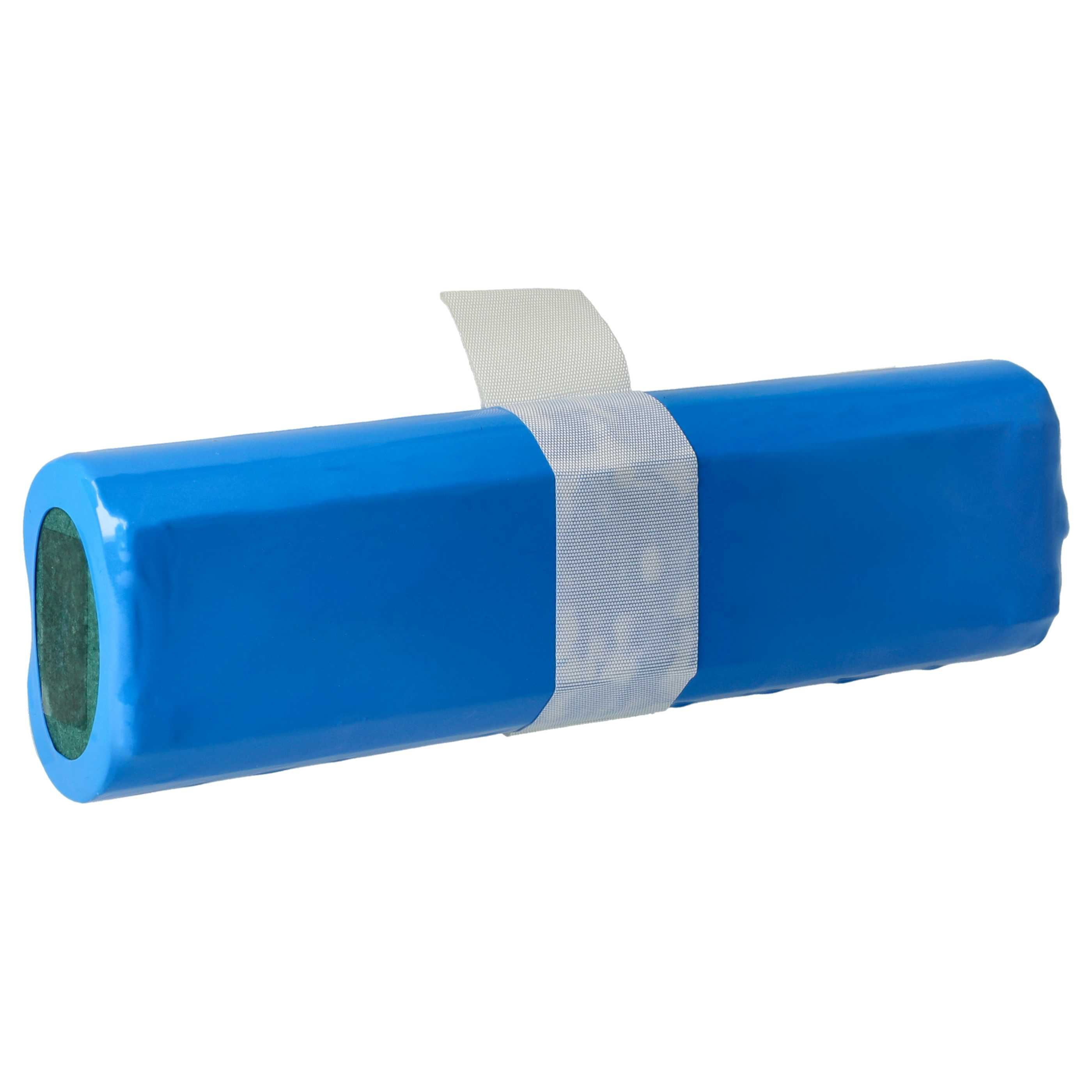 Ein blauer zylindrischer Akkusatz ist sichtbar, der mit einem weißen Netzband gesichert ist. Der Hintergrund ist schlicht weiß.