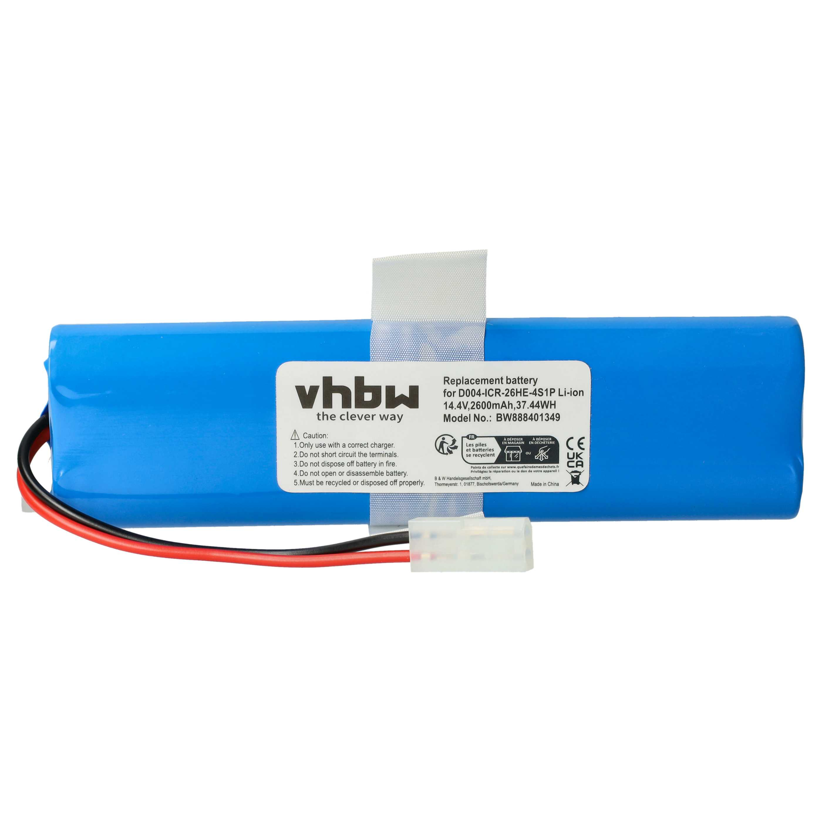 Blaue Ersatzbatterie mit weißem Etikett und Text. Enthält Vorsichtshinweise und Recycling-Symbole. Weißer Stecker und Drähte.