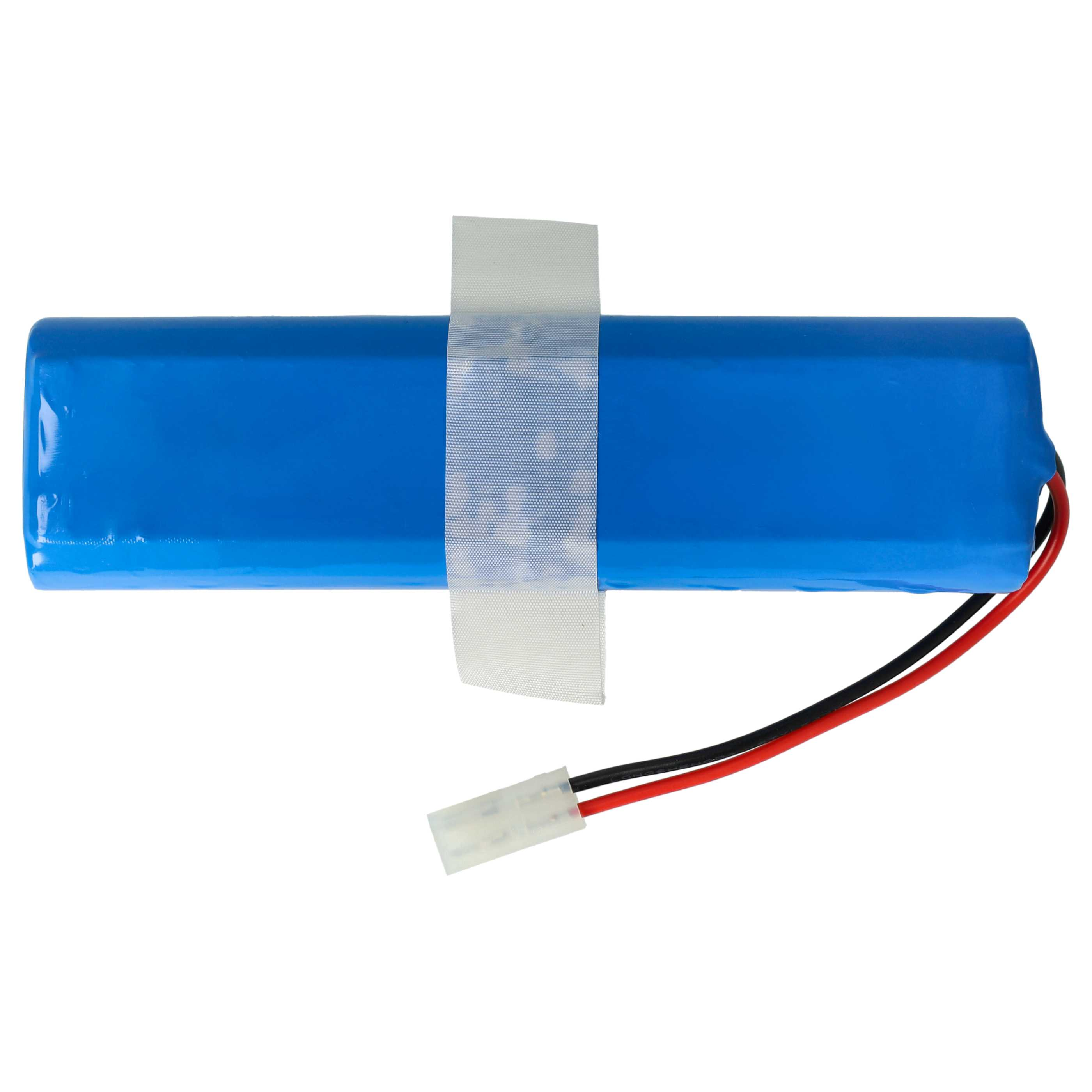 Eine blaue Batteriezelle mit weißem Klebeband und Drähten, die mit einem weißen Stecker verbunden sind.