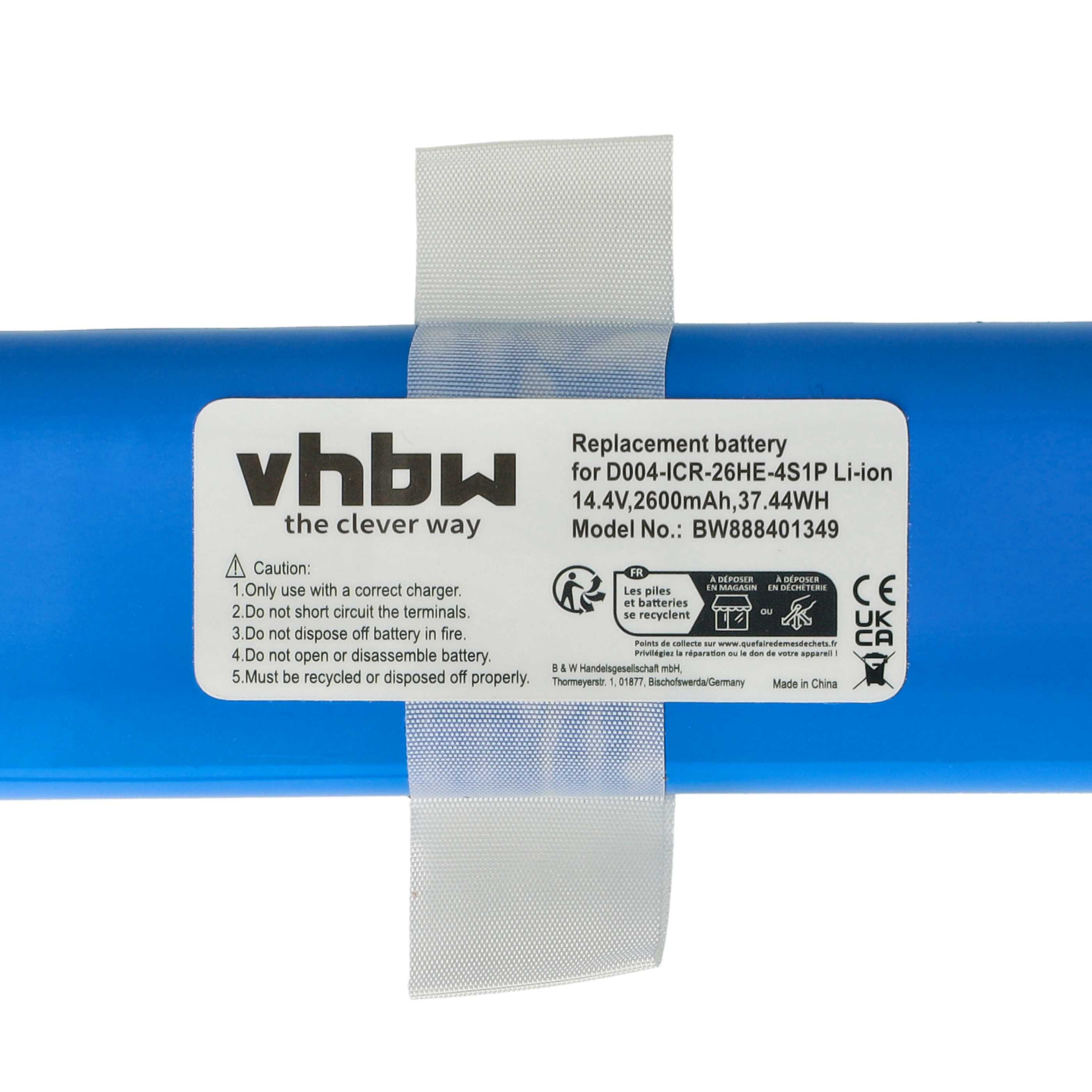 Blaue Batterie mit weißem Etikett und Text. Es steht 'vhbw' und 'Ersatzbatterie'. Enthält Sicherheitshinweise und Recyclingsymbole.