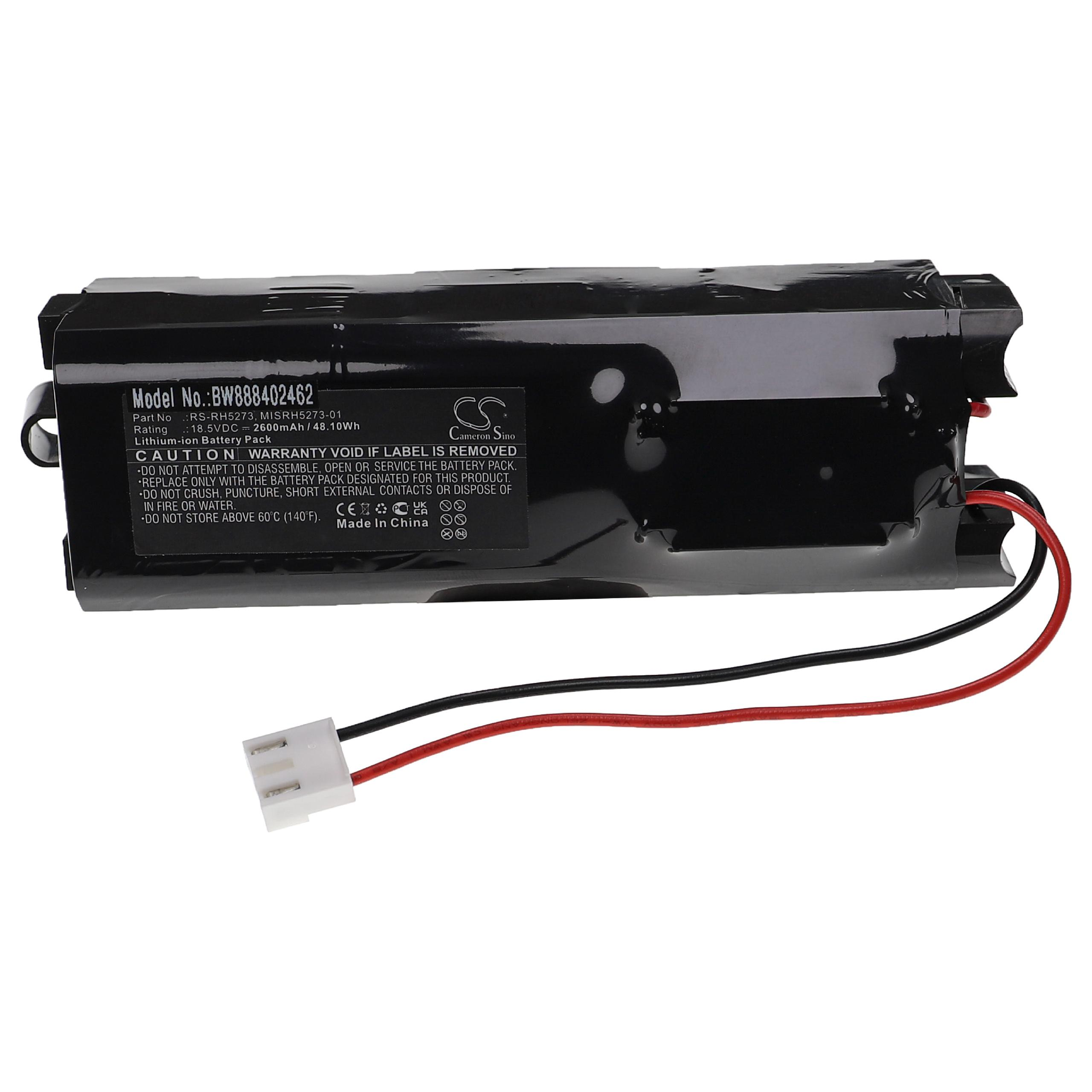 Schwarzer Akku mit Etikett, rot/schwarzen Drähten und einem weißen Stecker auf weißem Hintergrund.