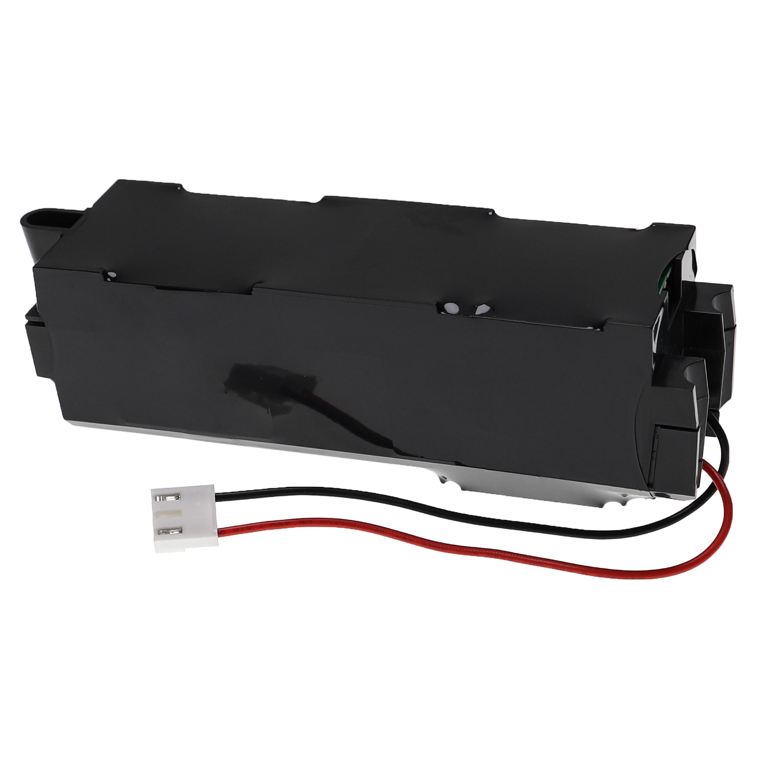 Ein schwarzes rechteckiges Gerät mit einem weißen Stecker und schwarzen und roten Drähten auf weißem Hintergrund.