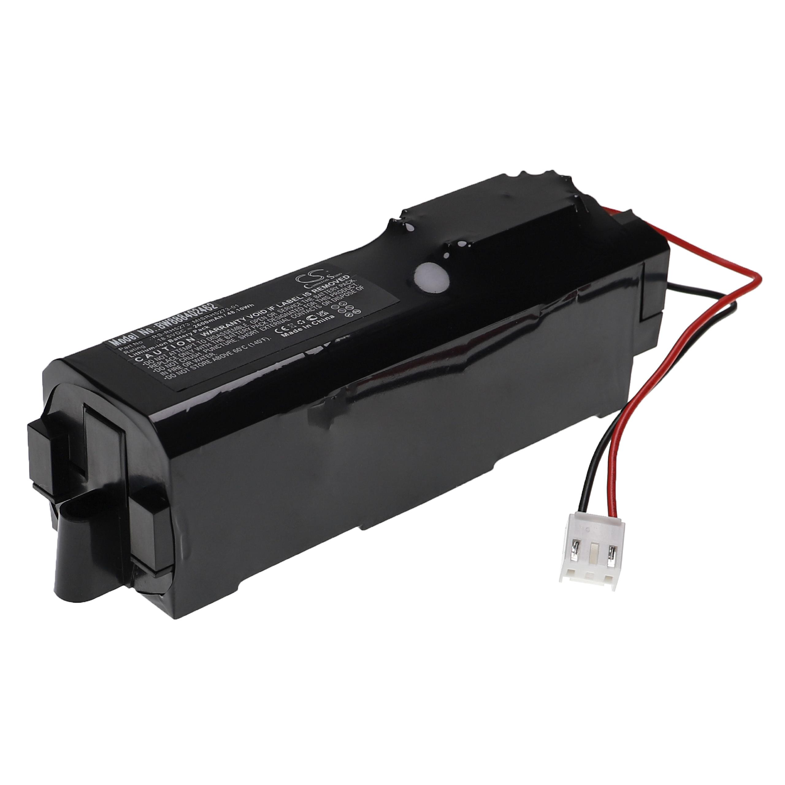 Schwarzer Akku mit roten und schwarzen Drähten, weißer Stecker auf weißem Hintergrund. Textetikett sichtbar.