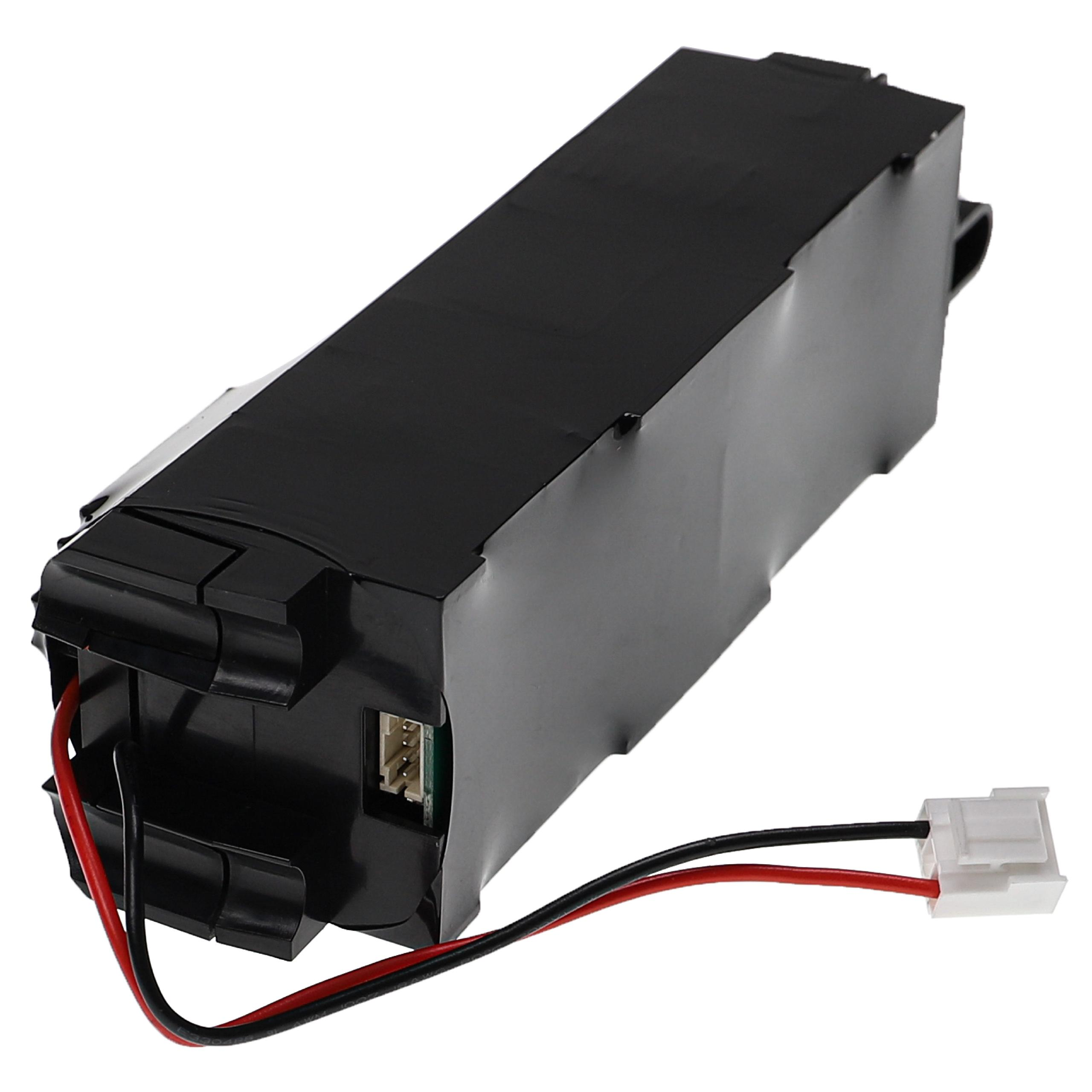 Ein schwarzes rechteckiges Akkupack mit roten und schwarzen Drähten, die mit einem weißen Stecker verbunden sind.