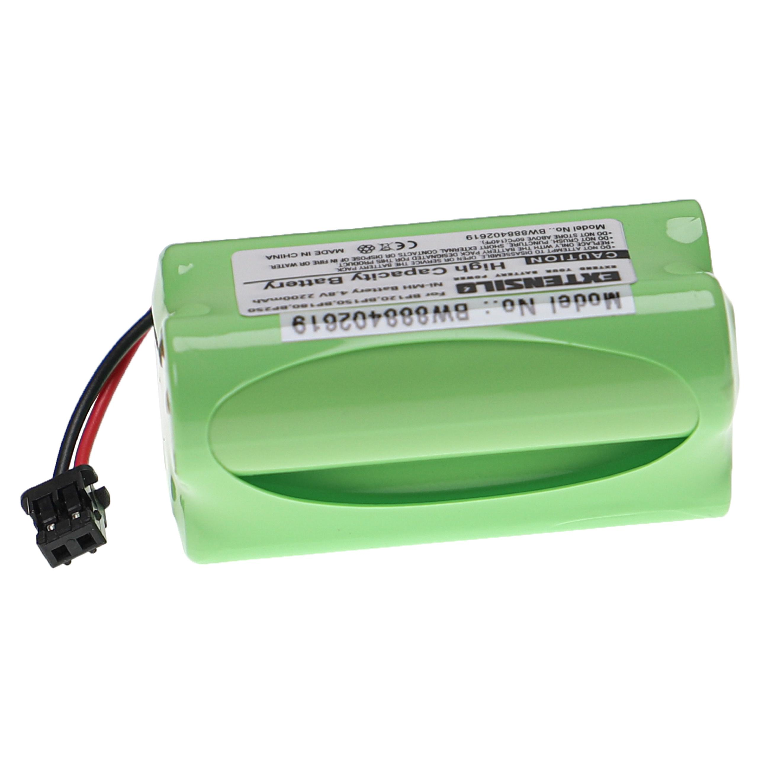Ein grünes Akku-Pack mit schwarzen und roten Drähten. Es hat Etiketten mit Text und einen schwarzen Stecker.