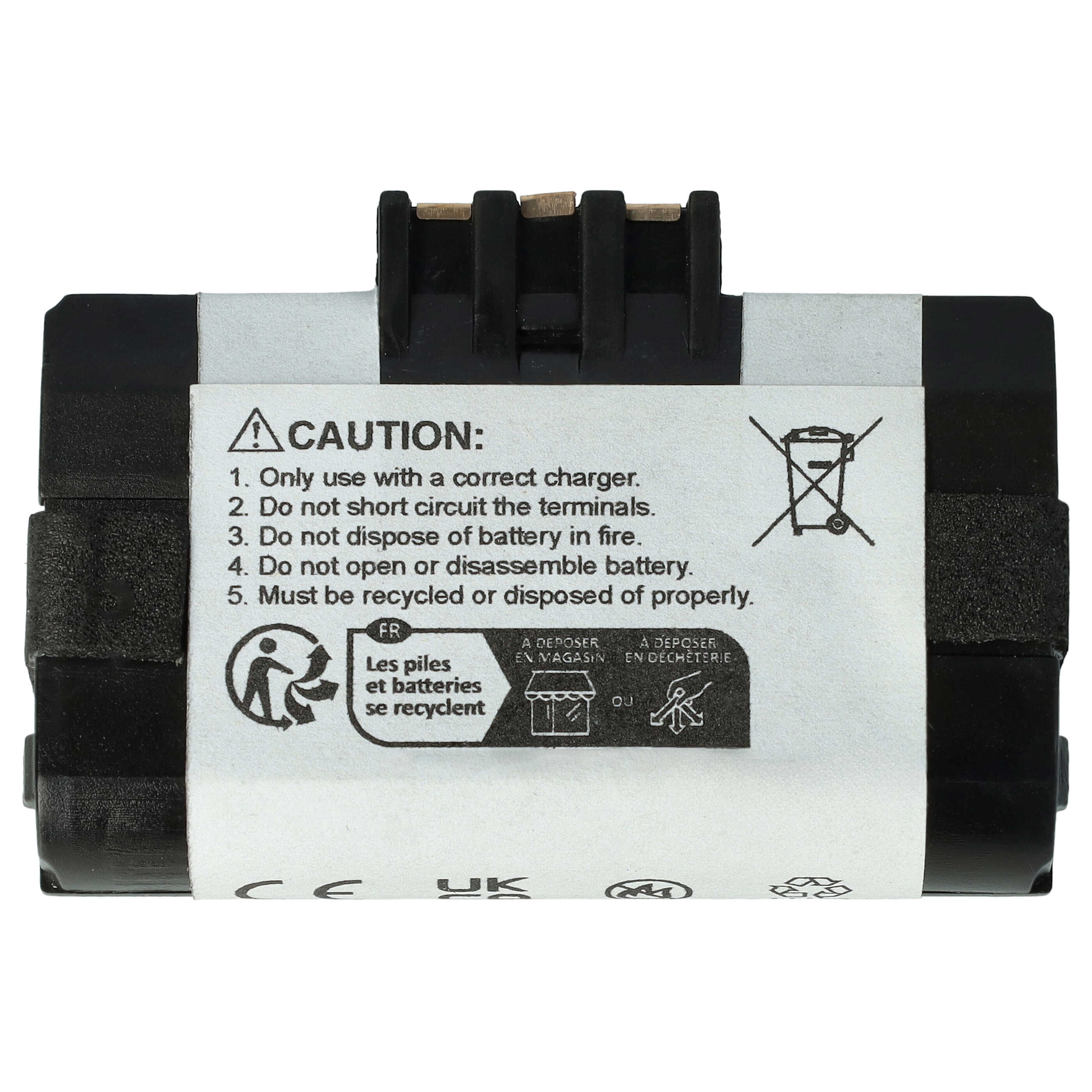 Ein schwarzes Batteriemodul mit Warnhinweisen, Recycling-Symbolen und Text. Es hat einen Stecker oben und Sicherheitshinweise.