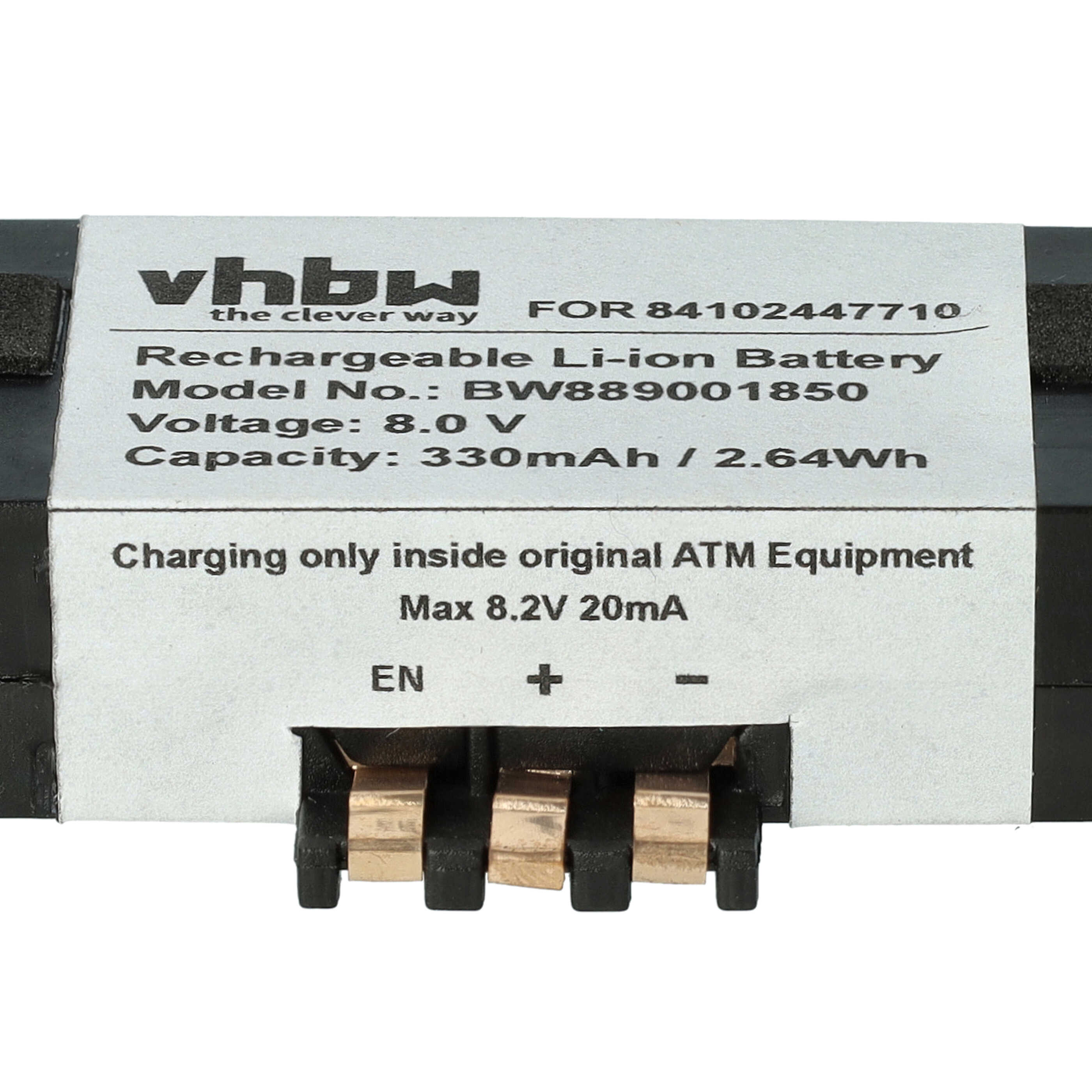 Ein Akku mit der Aufschrift vhbw, wiederaufladbare Li-Ionen-Batterie, 8,0 V und Ladeinformationen, mit Anschlüssen unten.
