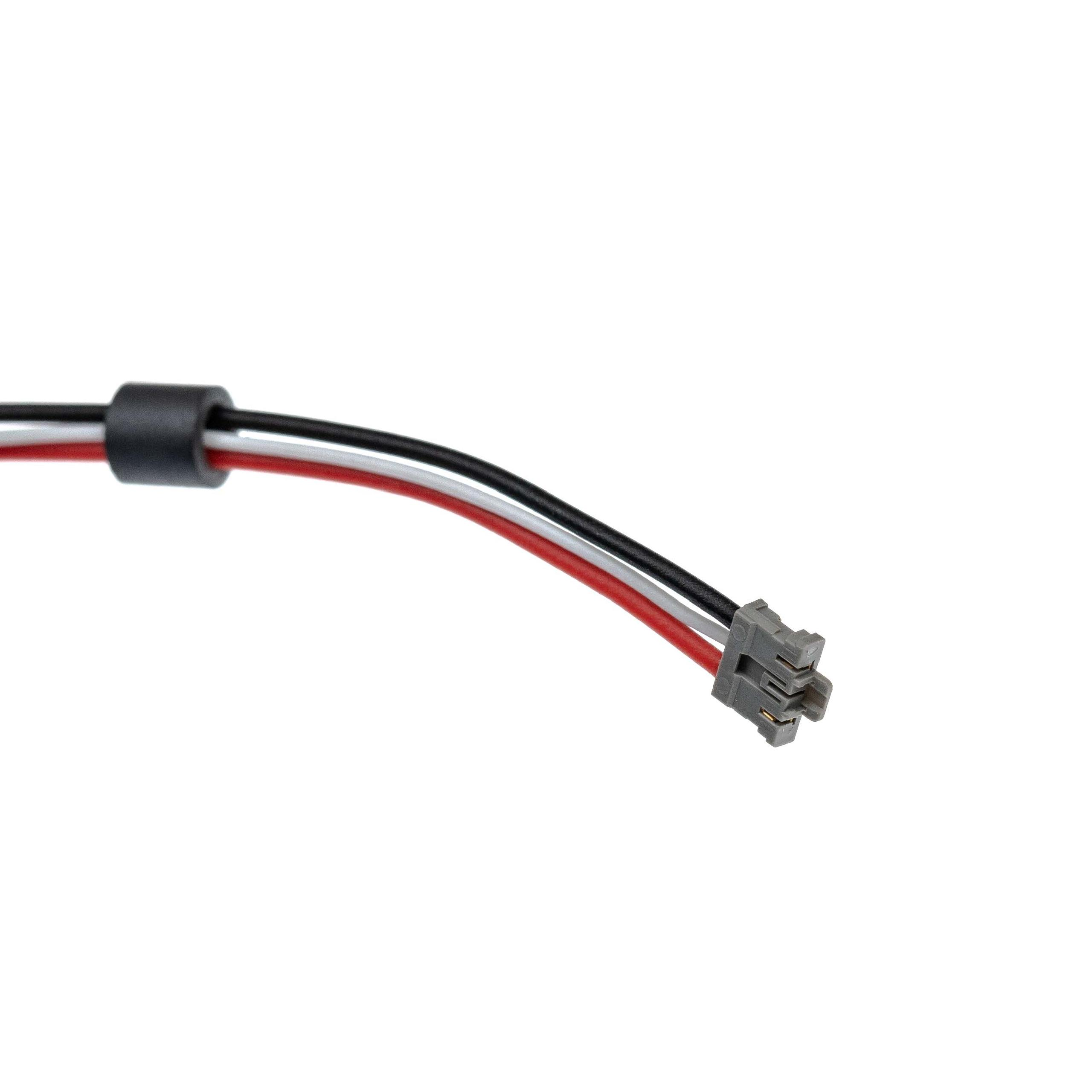 Nahaufnahme eines Kabels mit schwarzen, weißen und roten Drähten. Am Ende befindet sich ein grauer Stecker. Ein schwarzes Band befindet sich am Kabel.