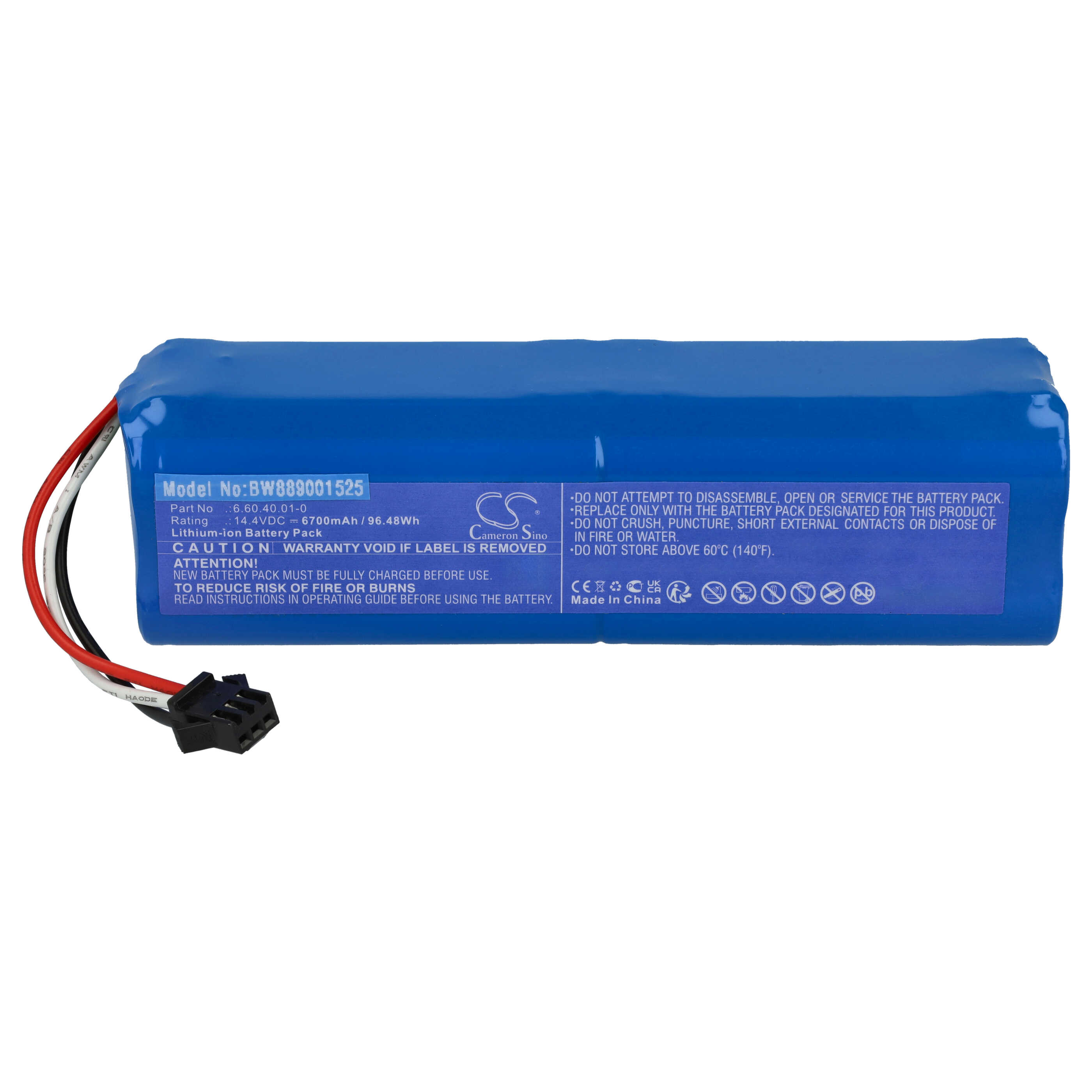 Ein blauer Akku mit Textetiketten und Drähten, einem schwarzen Stecker und dem Markenlogo auf weißem Hintergrund.