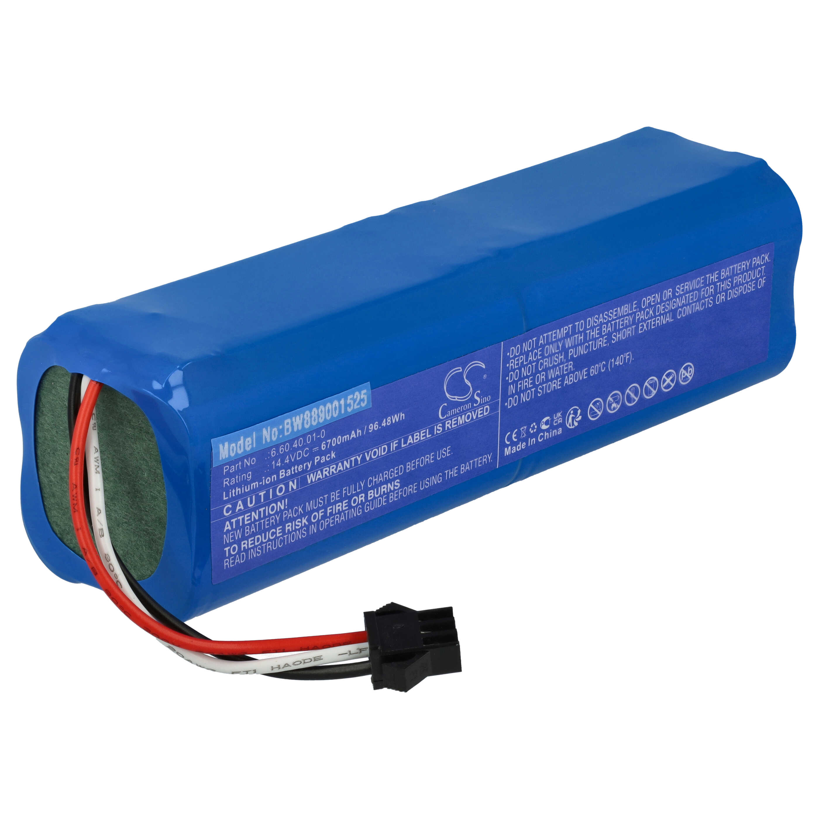 Ein blaues Akkupack mit schwarzem Stecker, weißen, roten und schwarzen Drähten und Produktinformationen.