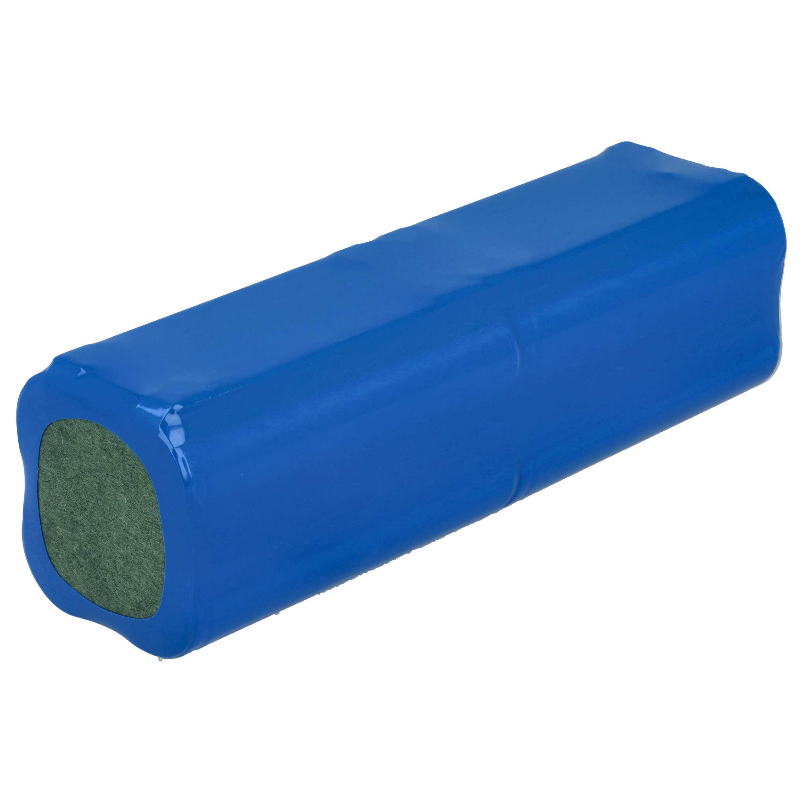 Ein blaues, rechteckiges Objekt mit einem grünen Ende befindet sich auf weißem Hintergrund. Das Objekt scheint eine Batterie zu sein.