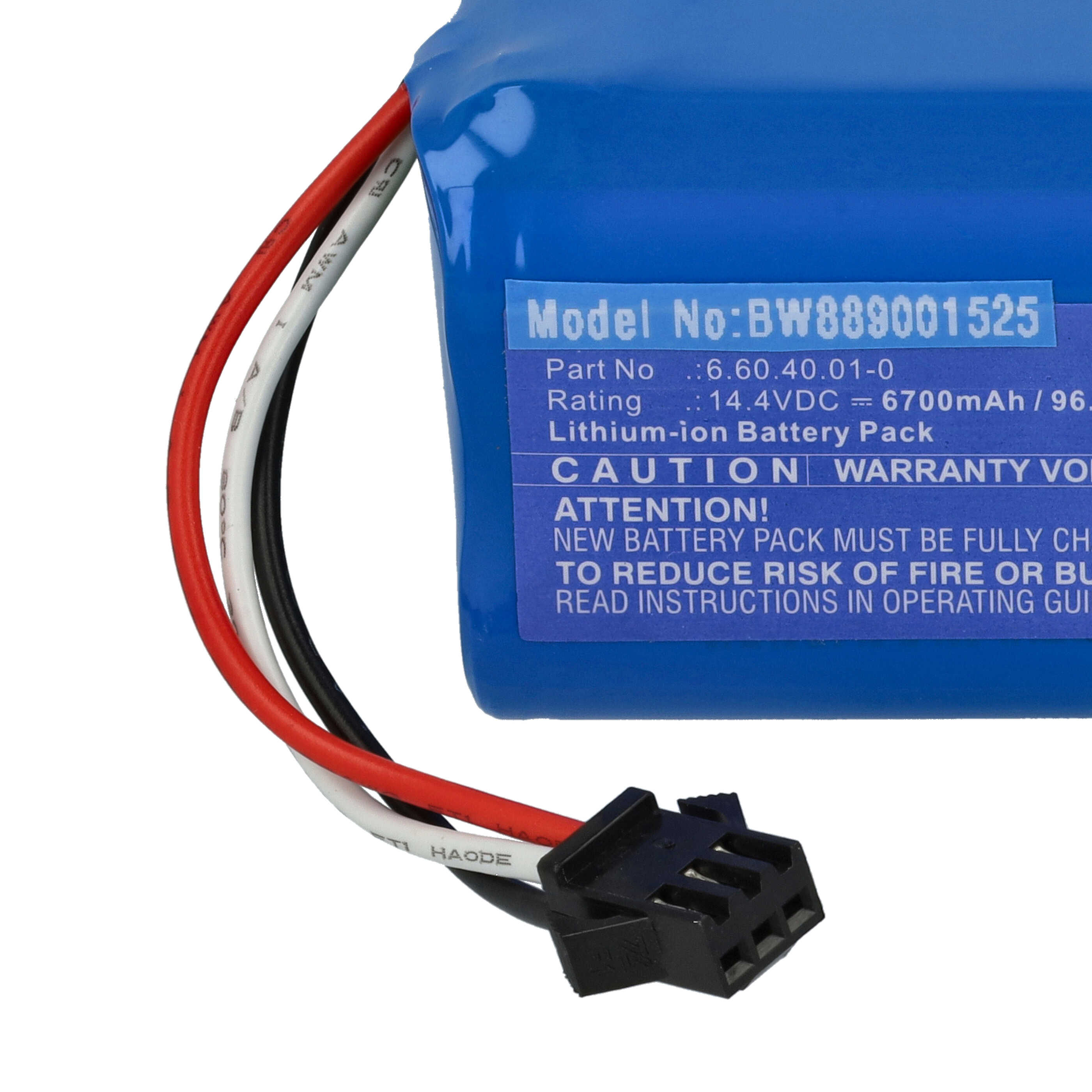 Ein blauer Akku mit weißen, roten und schwarzen Drähten. Er hat ein Etikett mit Text und einen schwarzen Stecker.