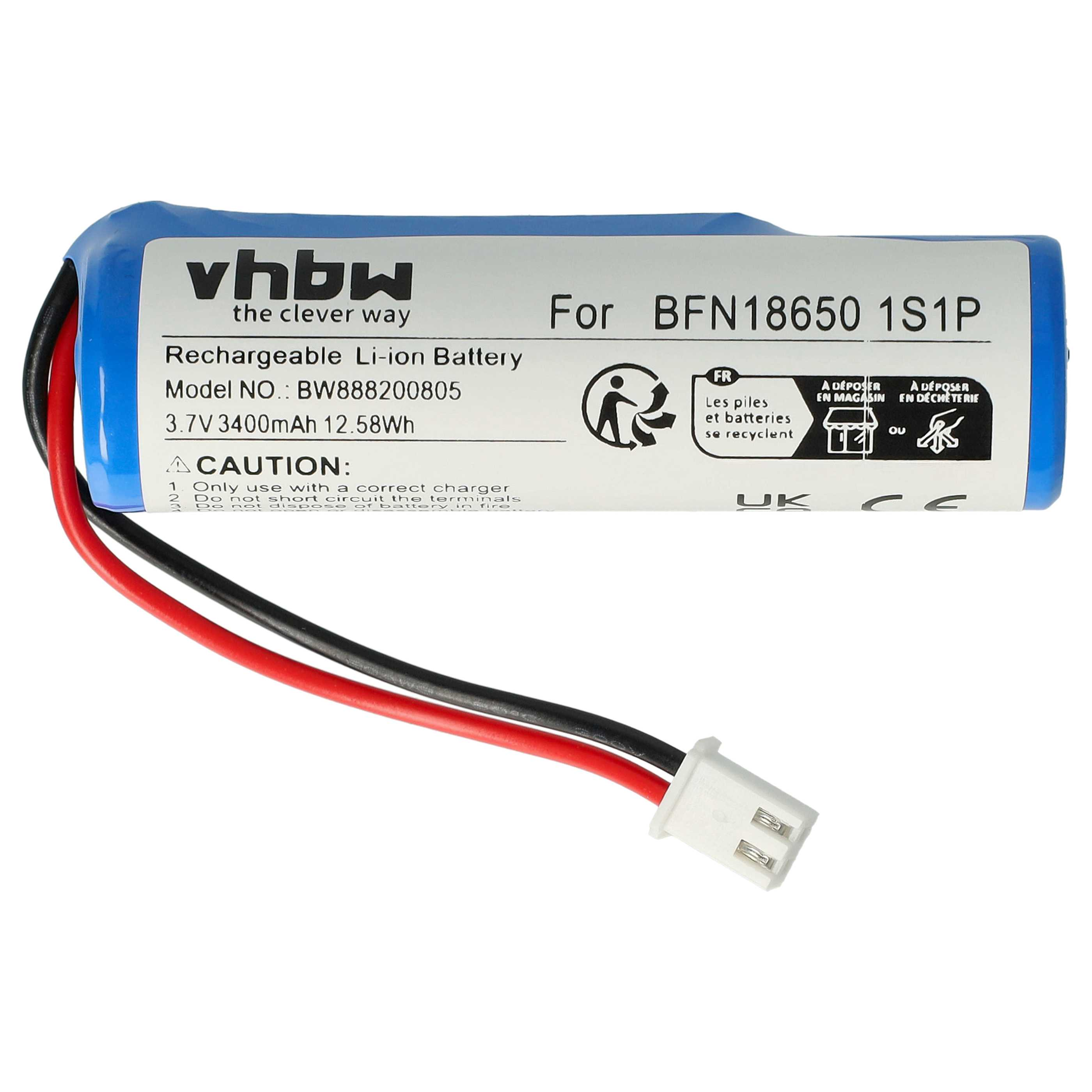 Ein wiederaufladbarer Li-Ionen-Akku mit schwarzen/roten Drähten und einem weißen Stecker. Text enthält 'Vorsicht' und Recyclingsymbole.