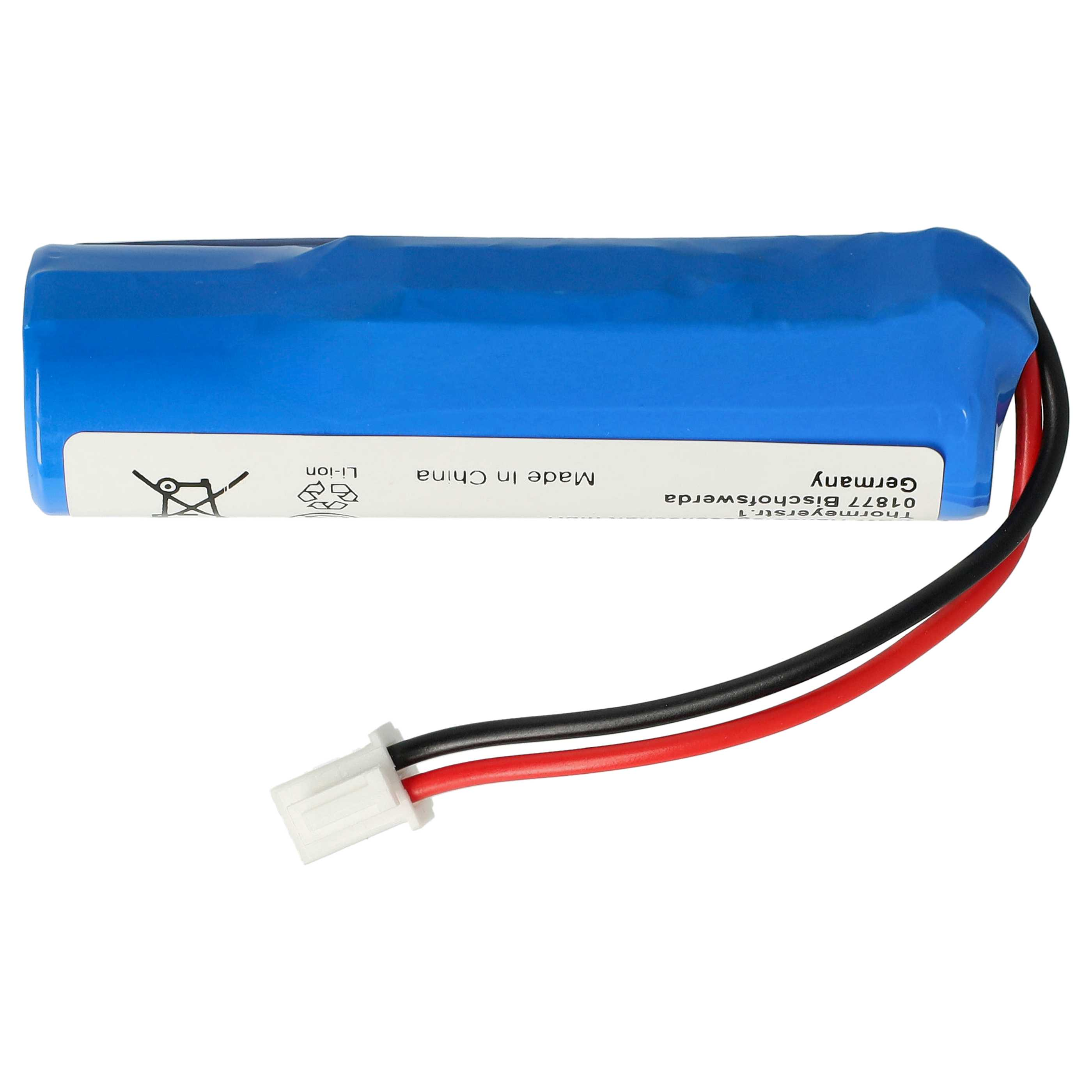 Ein blauer Akku mit schwarzen und roten Drähten. Es hat ein Etikett mit Text und einen weißen Stecker.