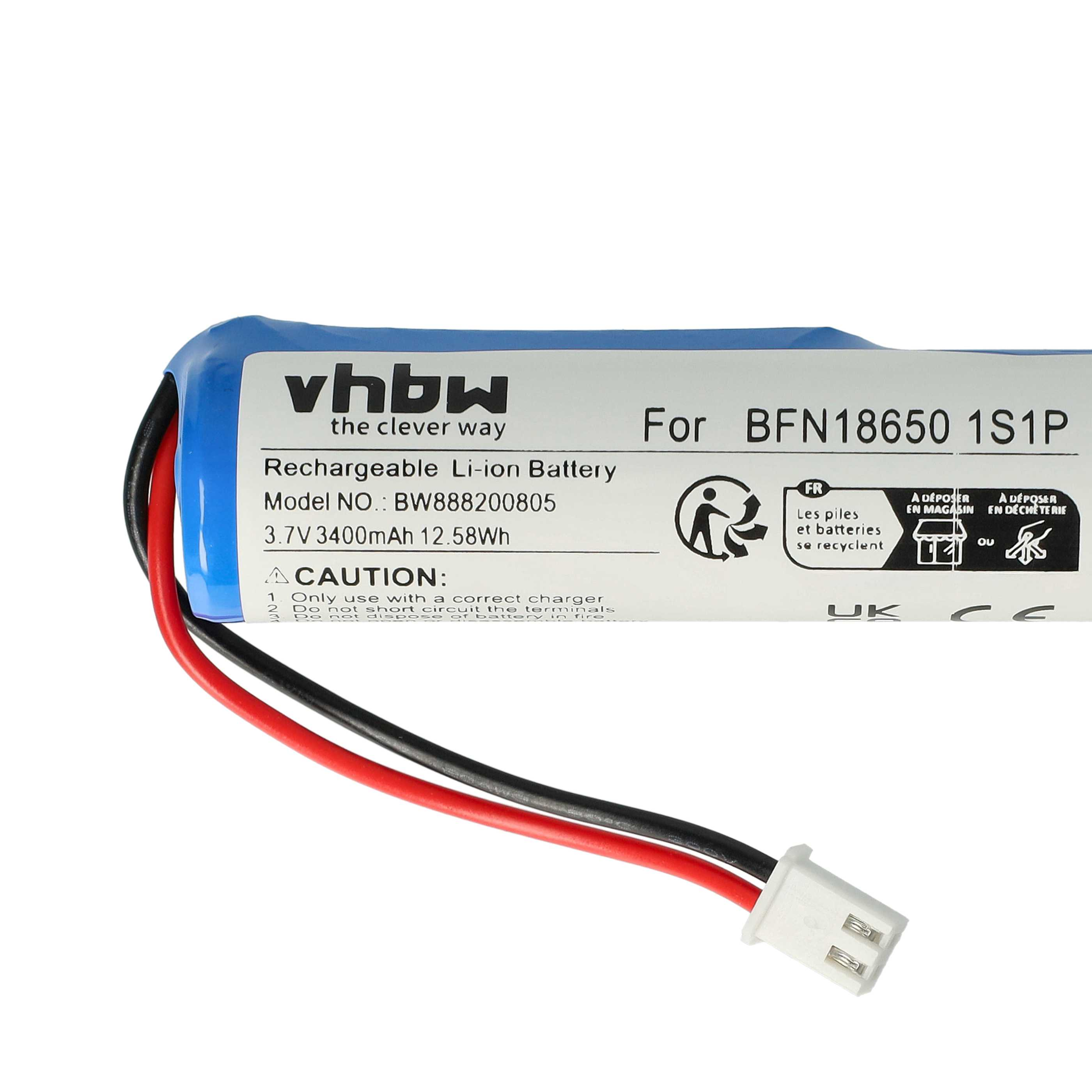 Ein wiederaufladbarer Li-Ionen-Akku mit roten und schwarzen Drähten und einem weißen Stecker. Der Akku hat Text und eine blaue Oberseite.