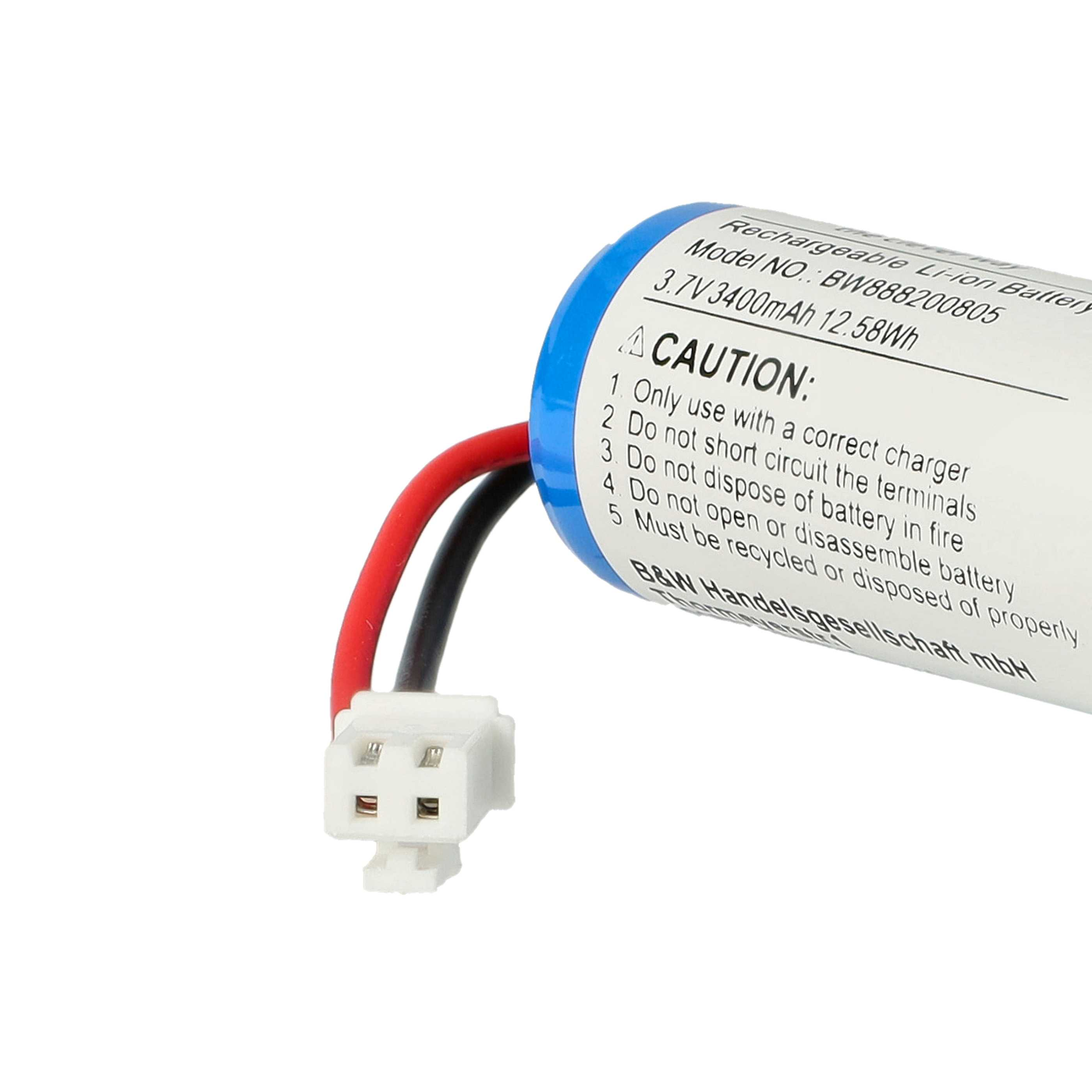 Ein wiederaufladbarer Li-Ionen-Akku mit roten und schwarzen Drähten und einem weißen Stecker. Die Batterie hat einen blauen Deckel und ein weißes Etikett.