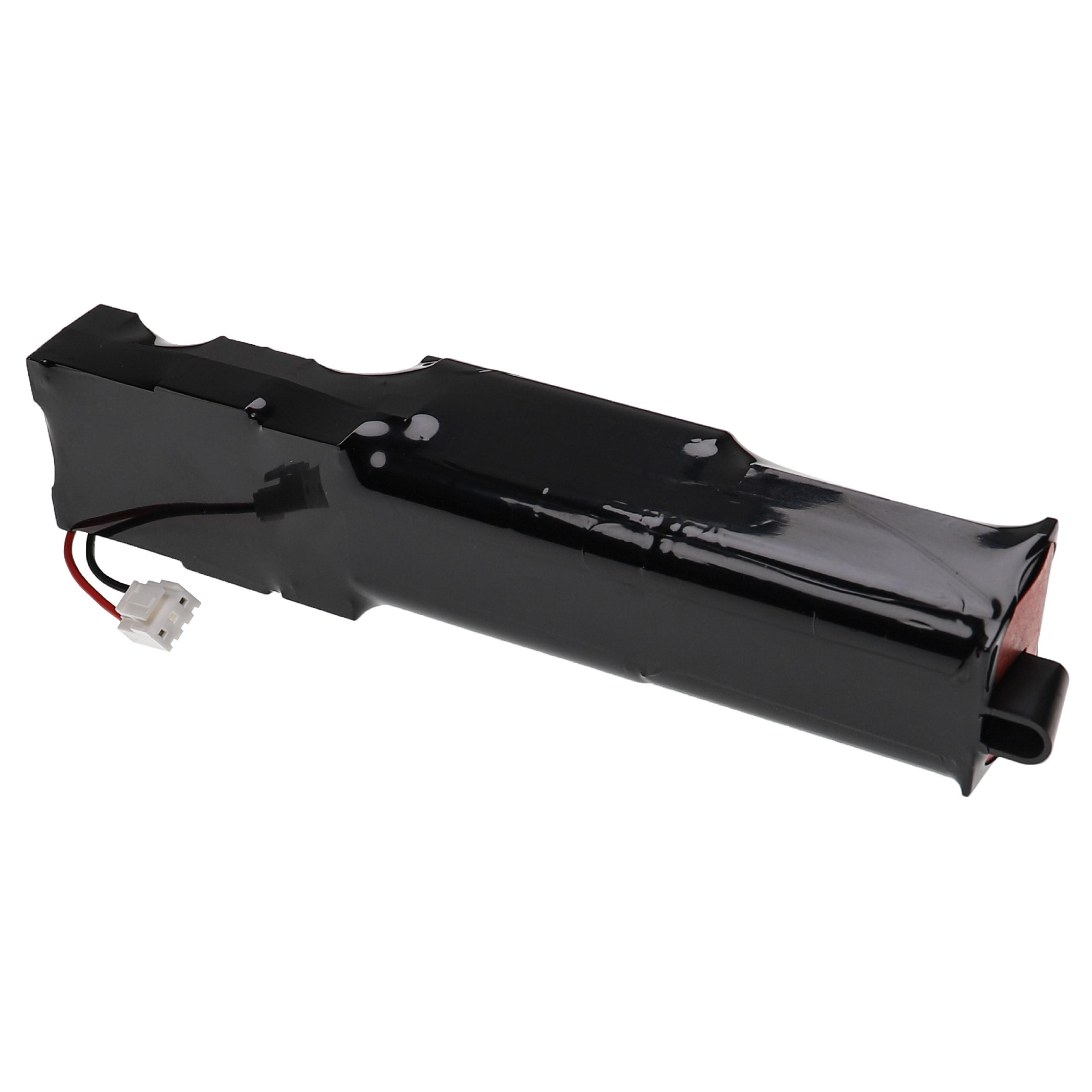 Ein schwarzes Batteriepack mit einem weißen Stecker und rot/schwarzen Drähten. Es hat ein rotes Ende und befindet sich auf weißem Hintergrund.