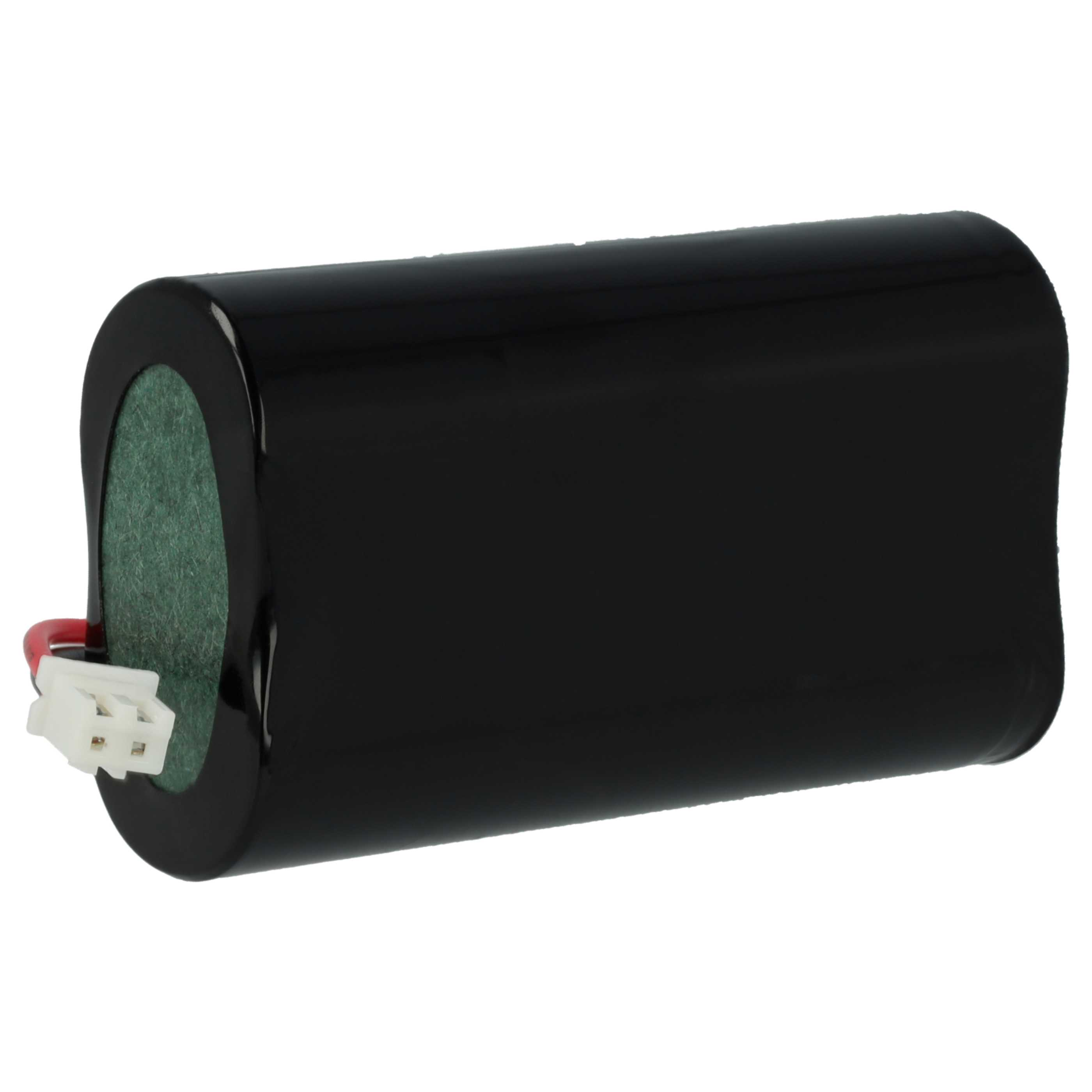 Zylindrische schwarze Batterie mit grünem Filzende und weißem Stecker mit roten und schwarzen Drähten.