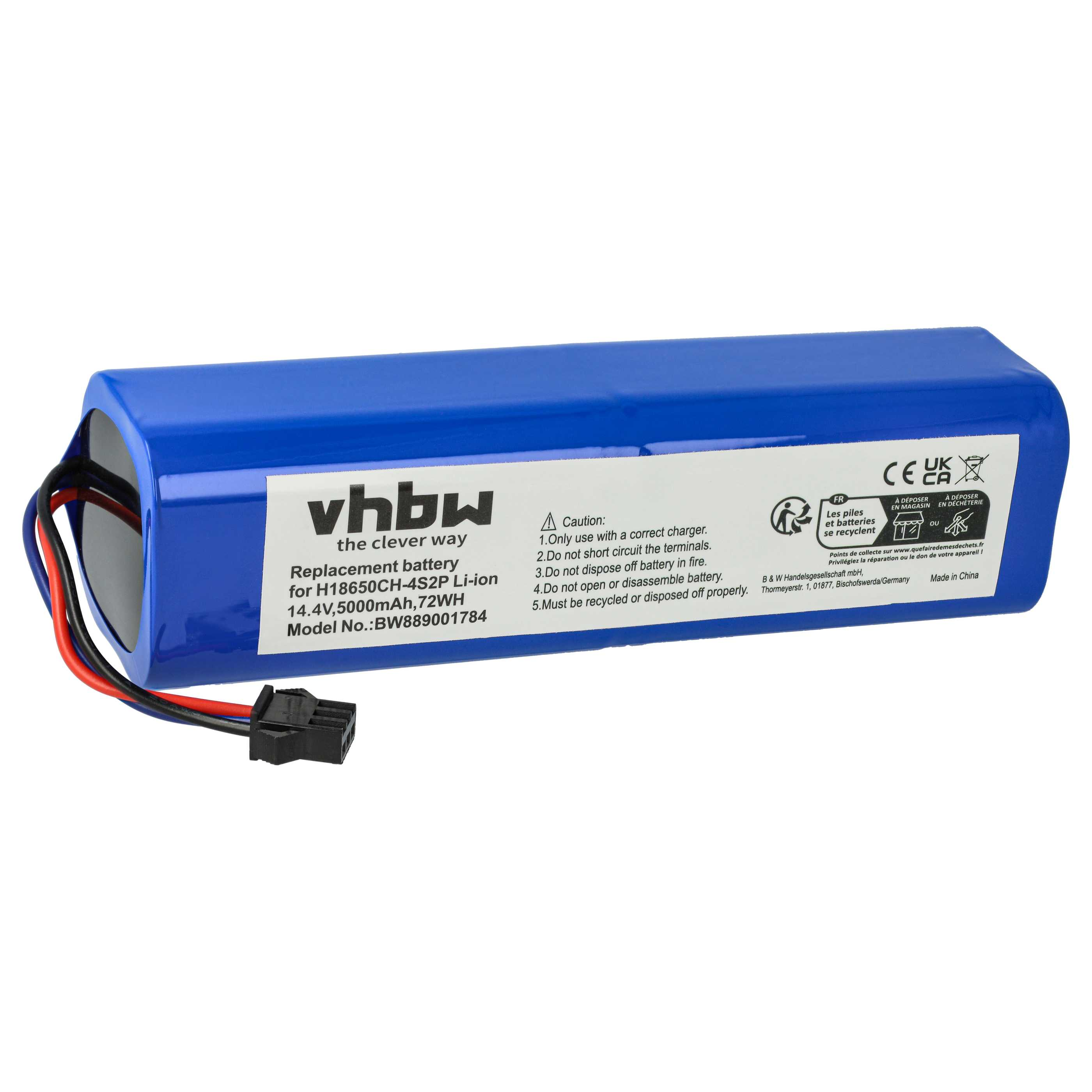 Ein blauer Akku mit schwarzen und roten Drähten, einem Stecker und weißen Etiketten mit Text und Warnhinweisen.