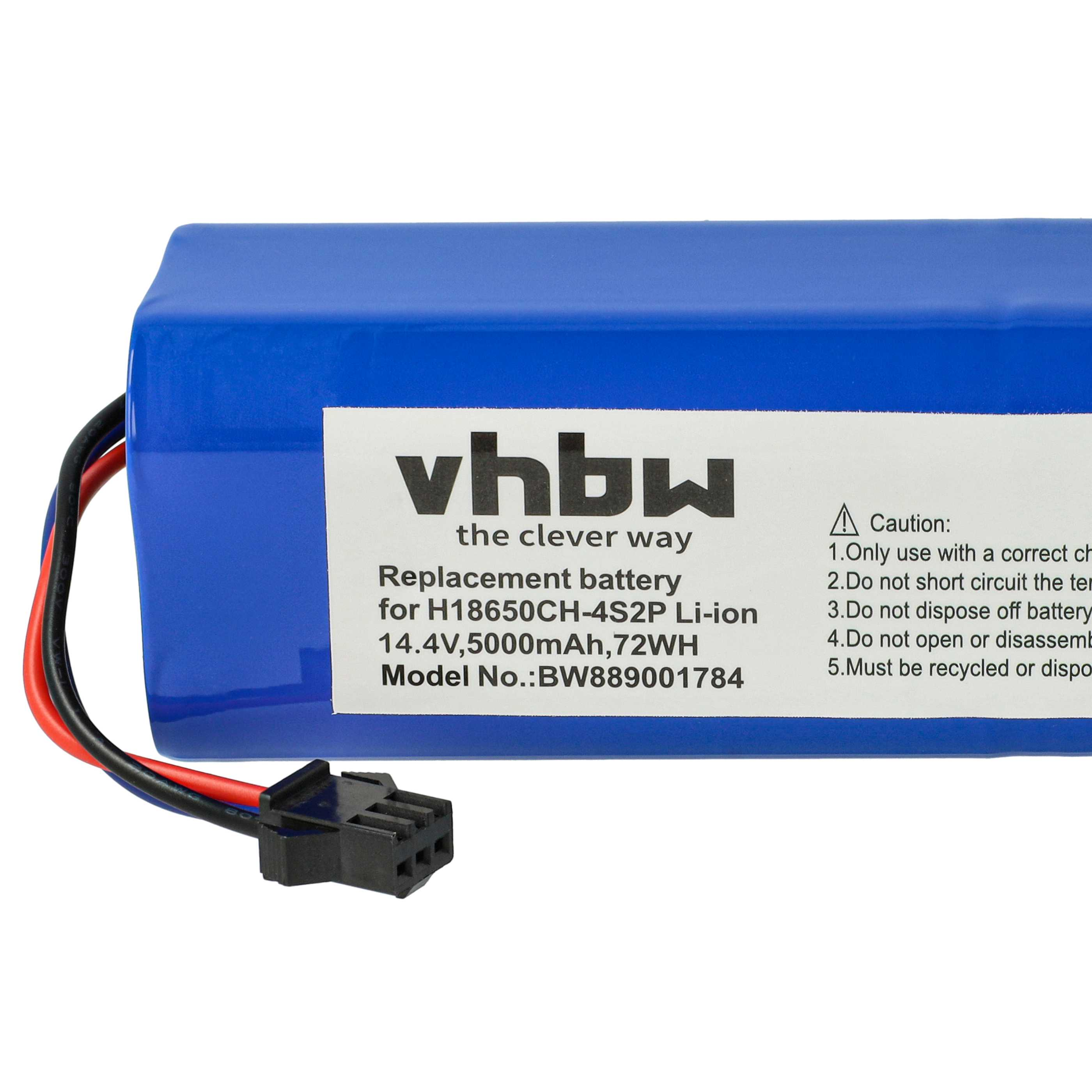 Ein blauer Akku mit Kabeln und einem Stecker. Er hat ein weißes Etikett mit schwarzem Text, einschließlich Sicherheitshinweisen.