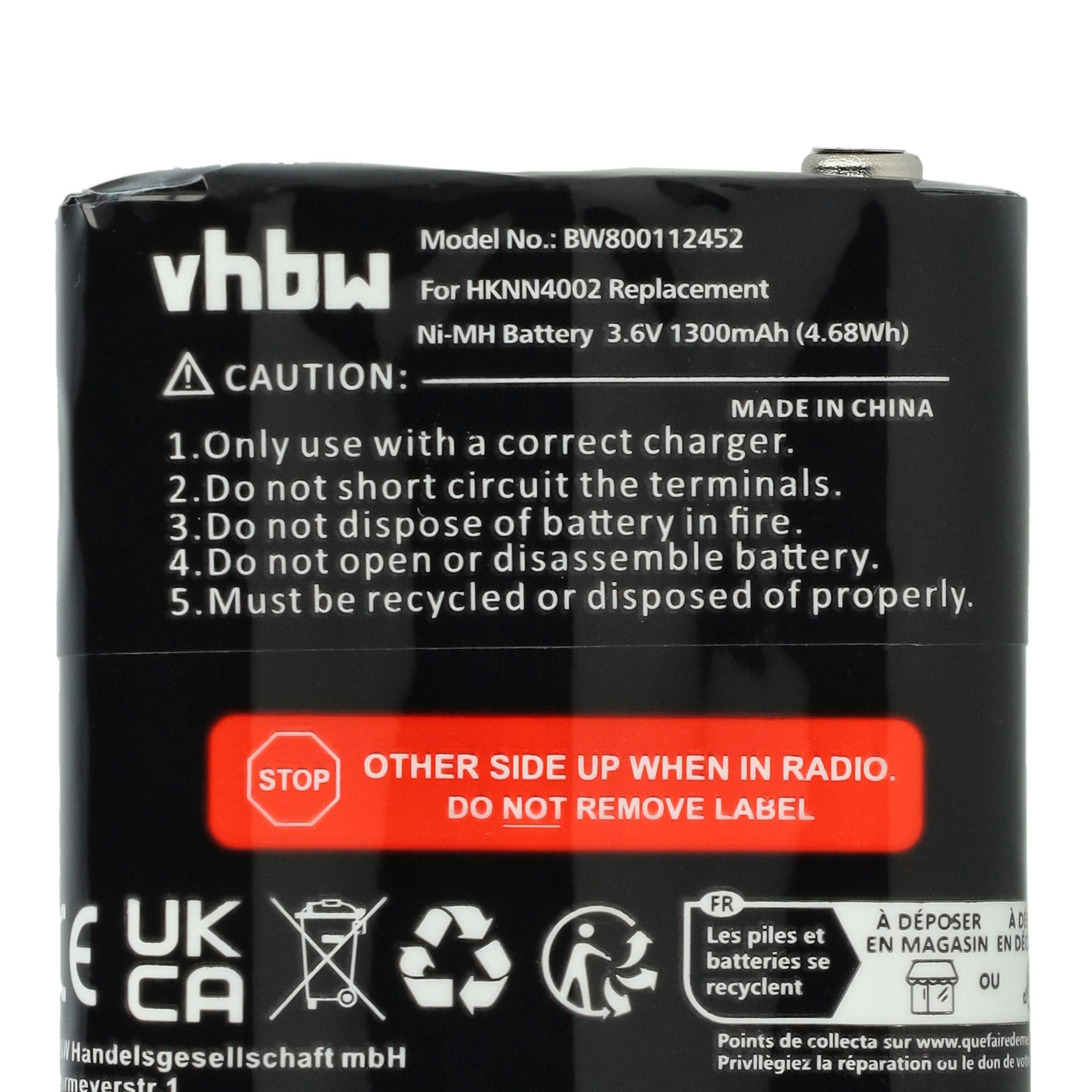 Schwarze Batterie mit weißem Text. Enthält Warnungen, Recyclingsymbole und ein rotes Stoppschild. Der Text ist mehrsprachig.