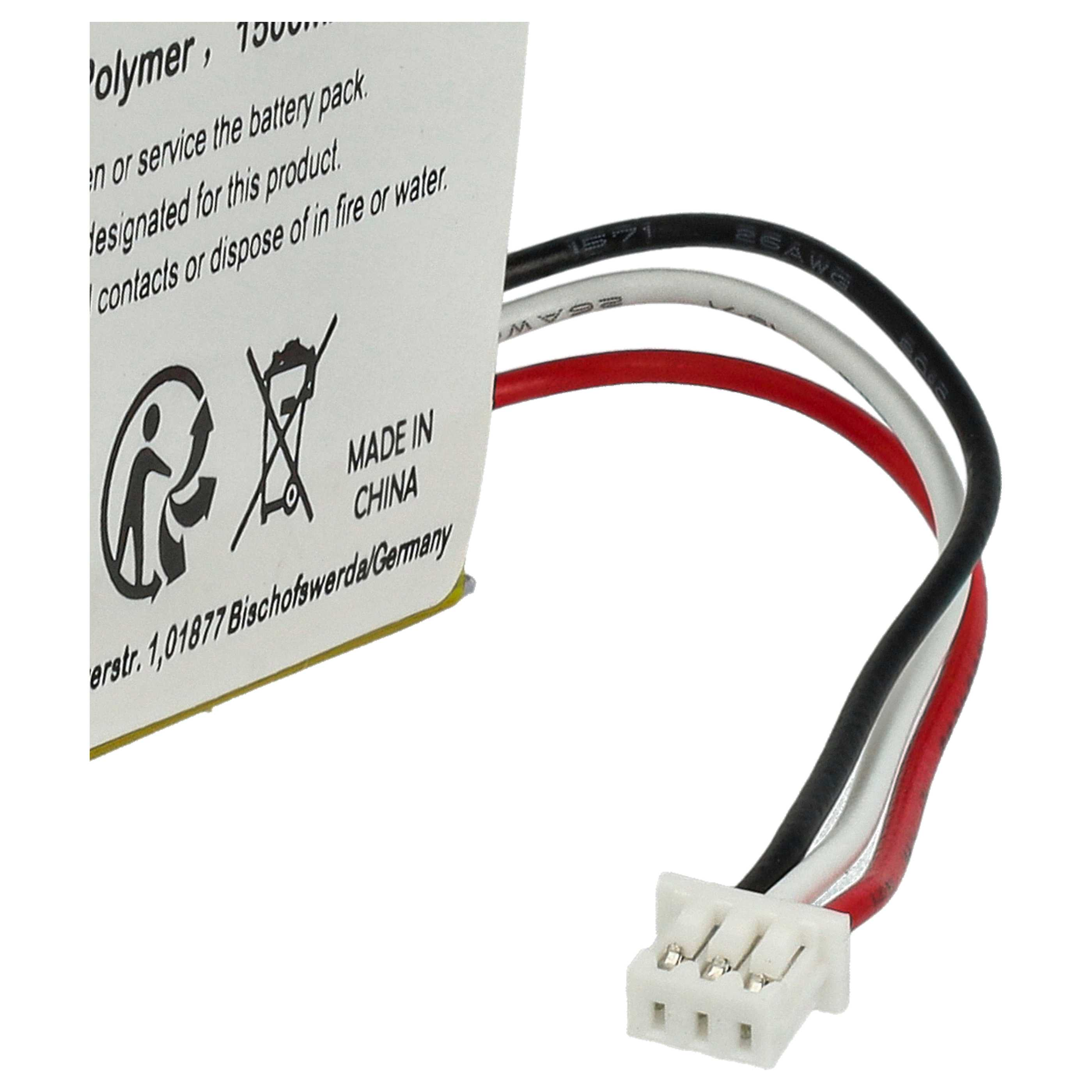 Ein Akkupack mit schwarzen, weißen und roten Drähten, die mit einem weißen Stecker verbunden sind. Text auf der Packung: Hergestellt in China.