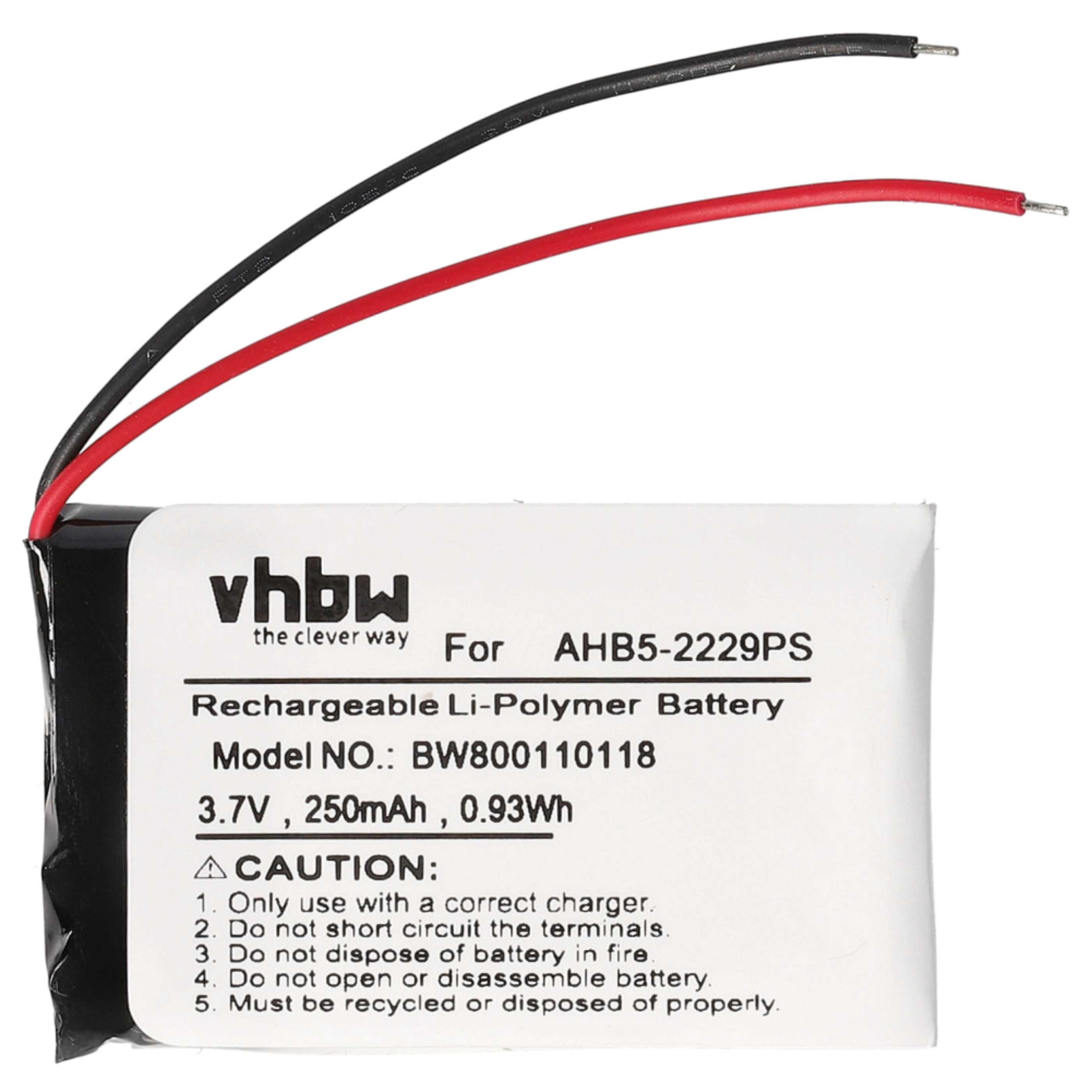 Ein Akku mit schwarzen und roten Drähten. Er hat Text: vhbw, wiederaufladbare Li-Polymer-Batterie und Vorsichtshinweise.