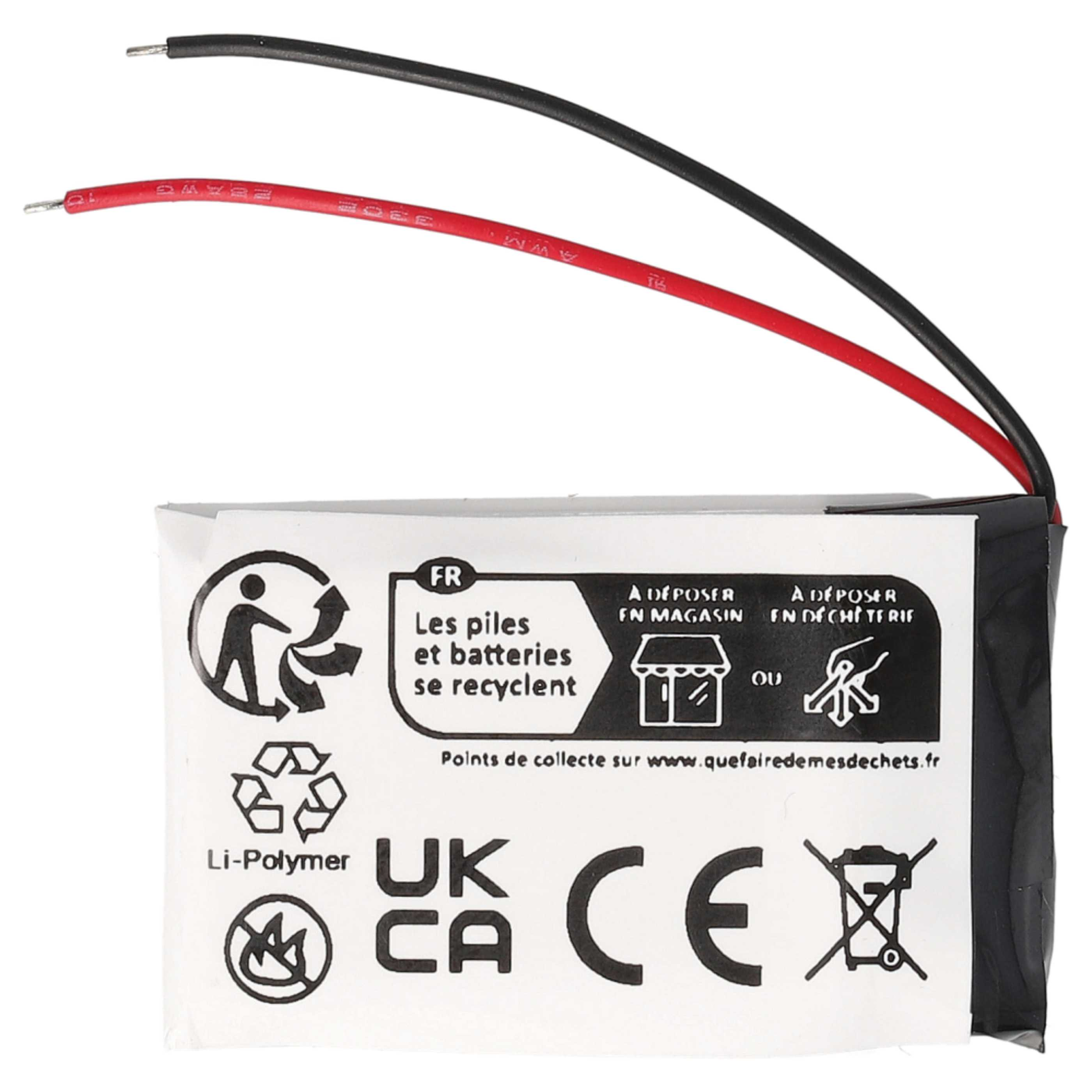 Eine Batterie mit schwarzen und roten Drähten und Recycling-Symbolen. Text enthält 'Les piles se recyclent' und 'Li-Polymer'.