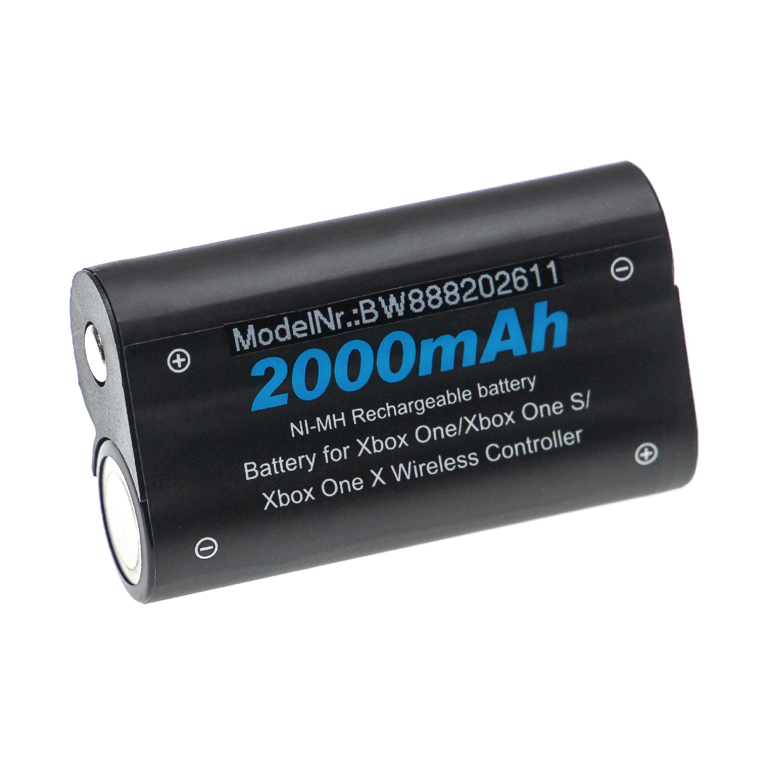 Ein schwarzer Akku mit weißer Schrift, beschriftet mit '2000mAh' und 'Battery for Xbox One' auf weißem Hintergrund.