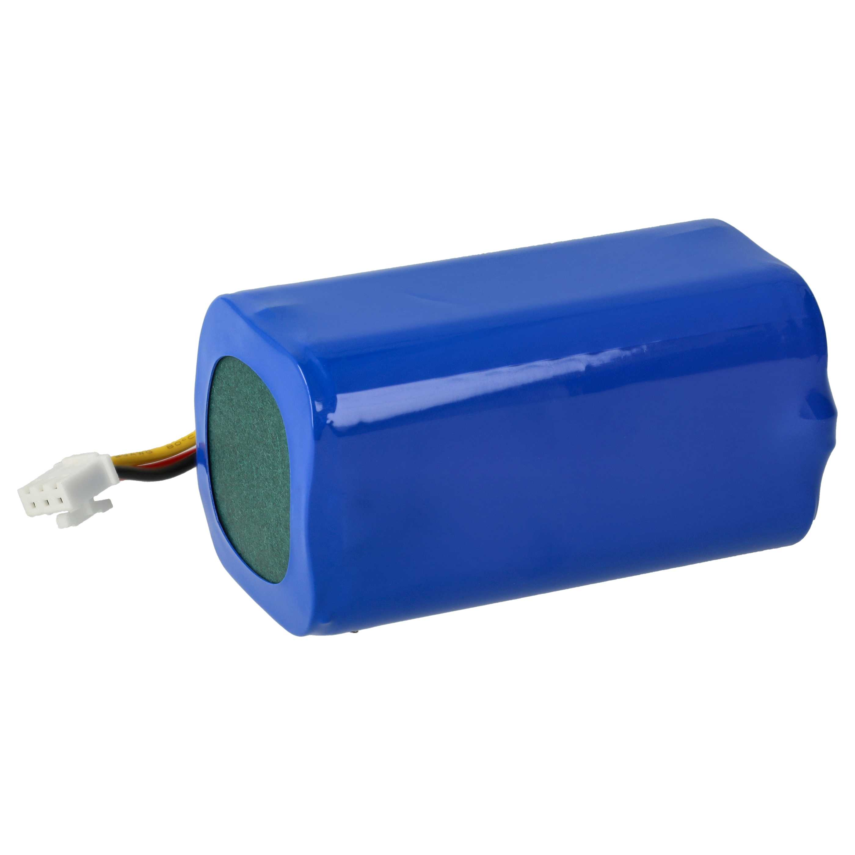 Ein blaues rechteckiges Akkupack mit grünem Ende und einem weißen Stecker.