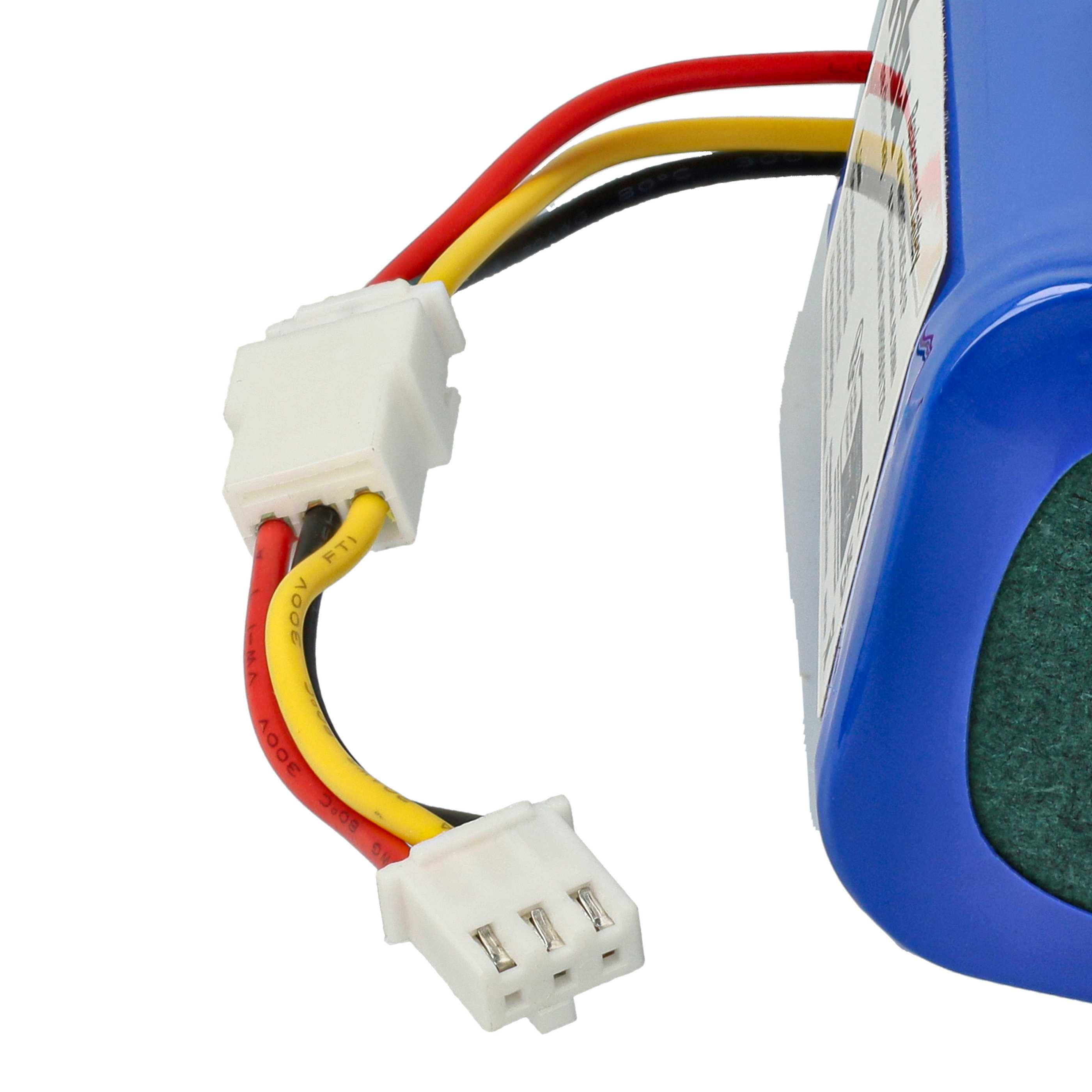 Nahaufnahme einer blauen Batterie mit roten, gelben und schwarzen Drähten, die mit weißen Steckern verbunden sind. Etikett sichtbar.