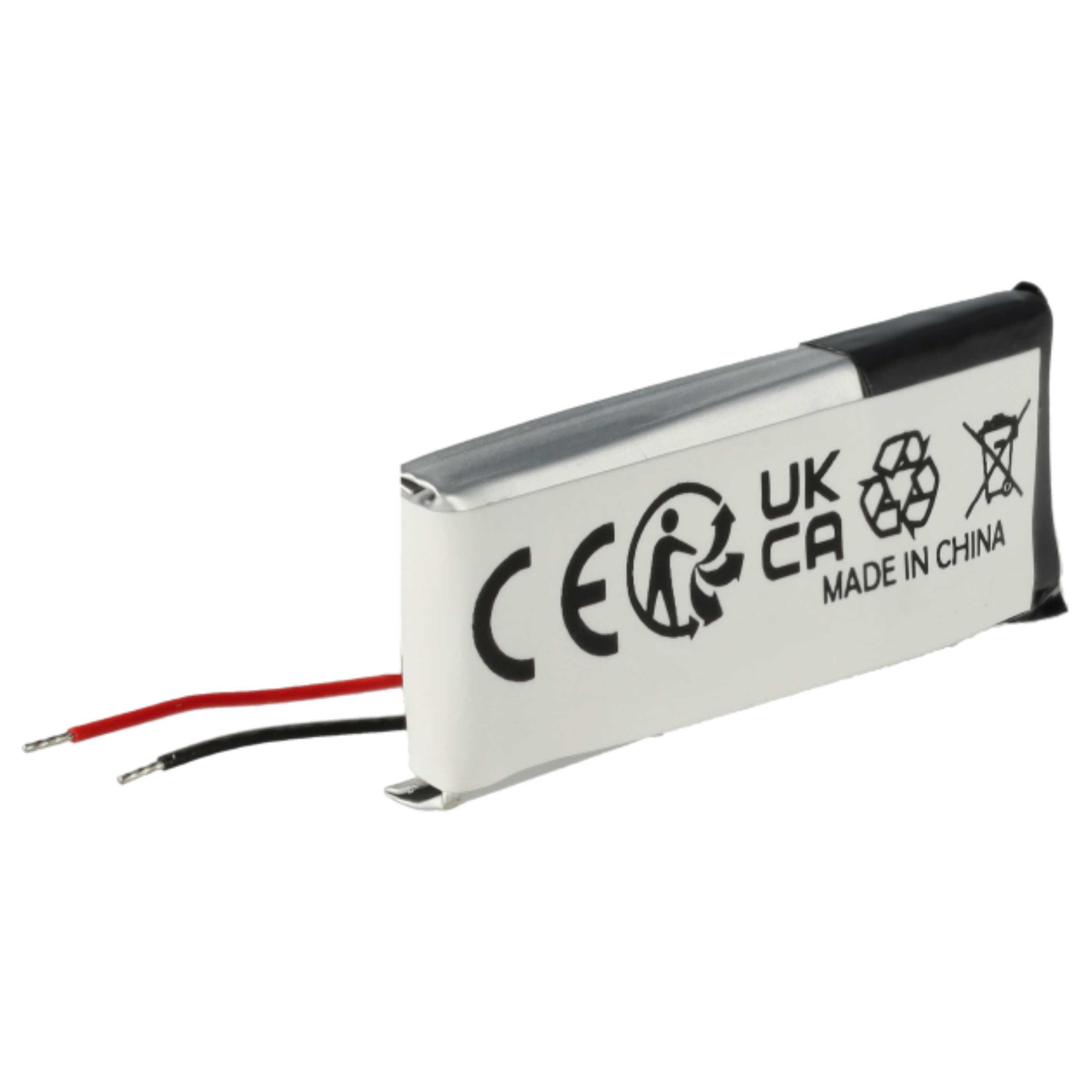 Ein rechteckiger Akku mit roten und schwarzen Drähten, weißem Gehäuse und silberner Oberseite. Mit CE, UKCA und Made in China gekennzeichnet.