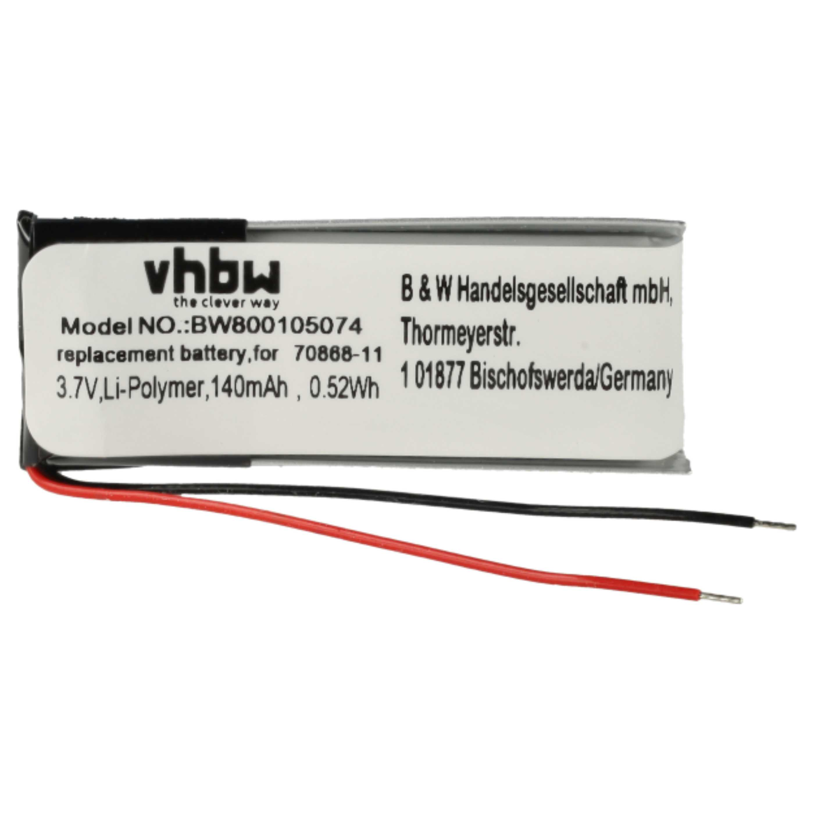 Ein Batterieetikett mit Text und Drähten. Das Etikett enthält Unternehmensinformationen und Batteriespezifikationen. Rote und schwarze Drähte gehen von der Batterie aus.