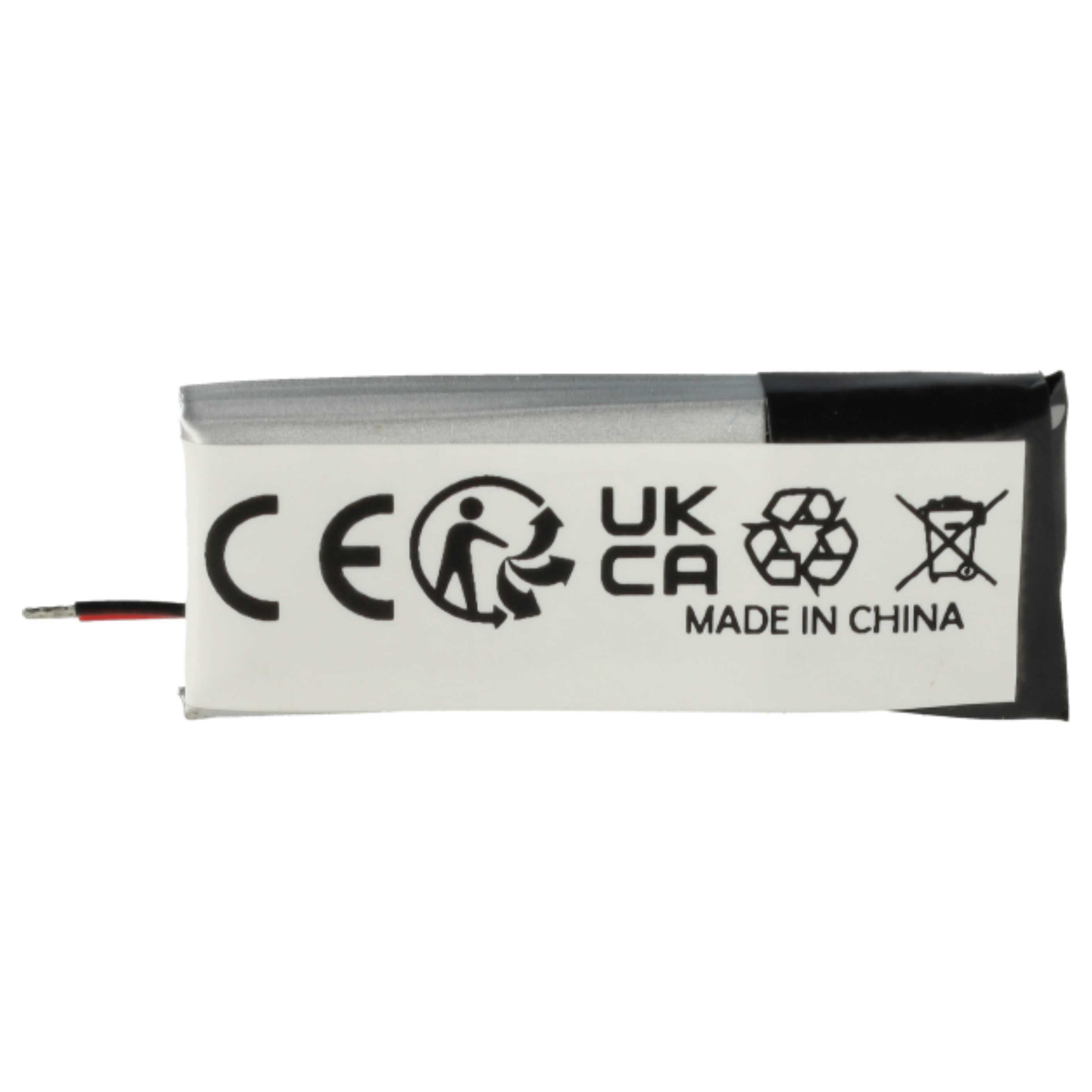 Akku mit schwarz-weißem Etikett. Symbole und Text umfassen CE, Recycling-Logo, UKCA und "MADE IN CHINA."