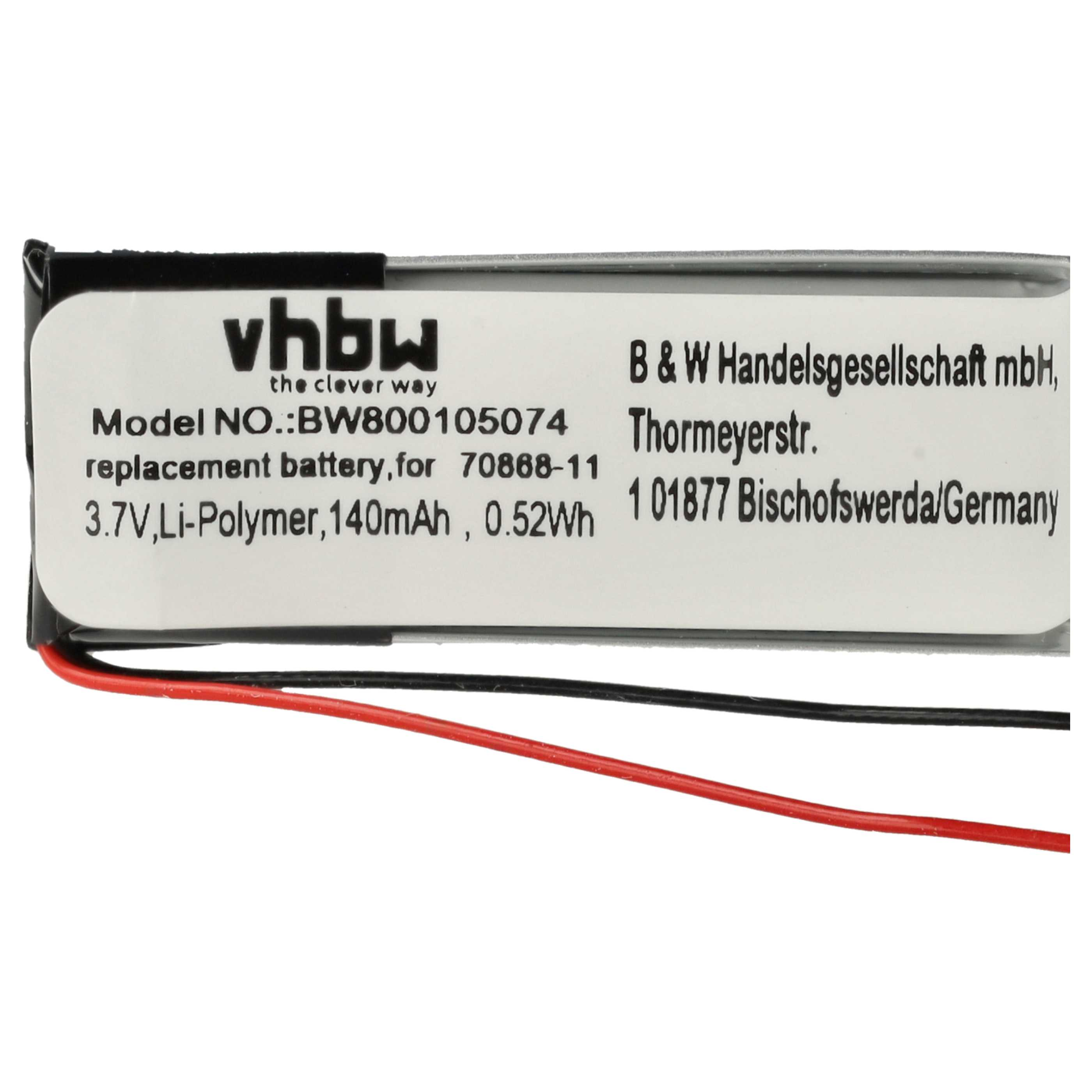 Ein Akku mit Text: vhbw, Modellnummer, Spannung und Unternehmensdetails. Rote und schwarze Drähte unten sichtbar.