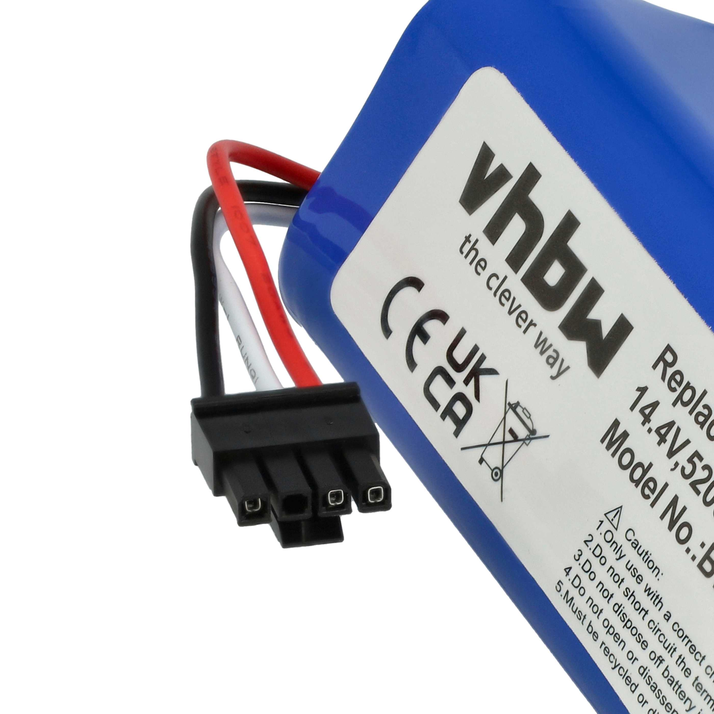 Ein blauer Akku mit schwarzem Stecker, roten, weißen und schwarzen Kabeln. Auf dem Akku steht 'vhbw' und '14,4 V, 520'.