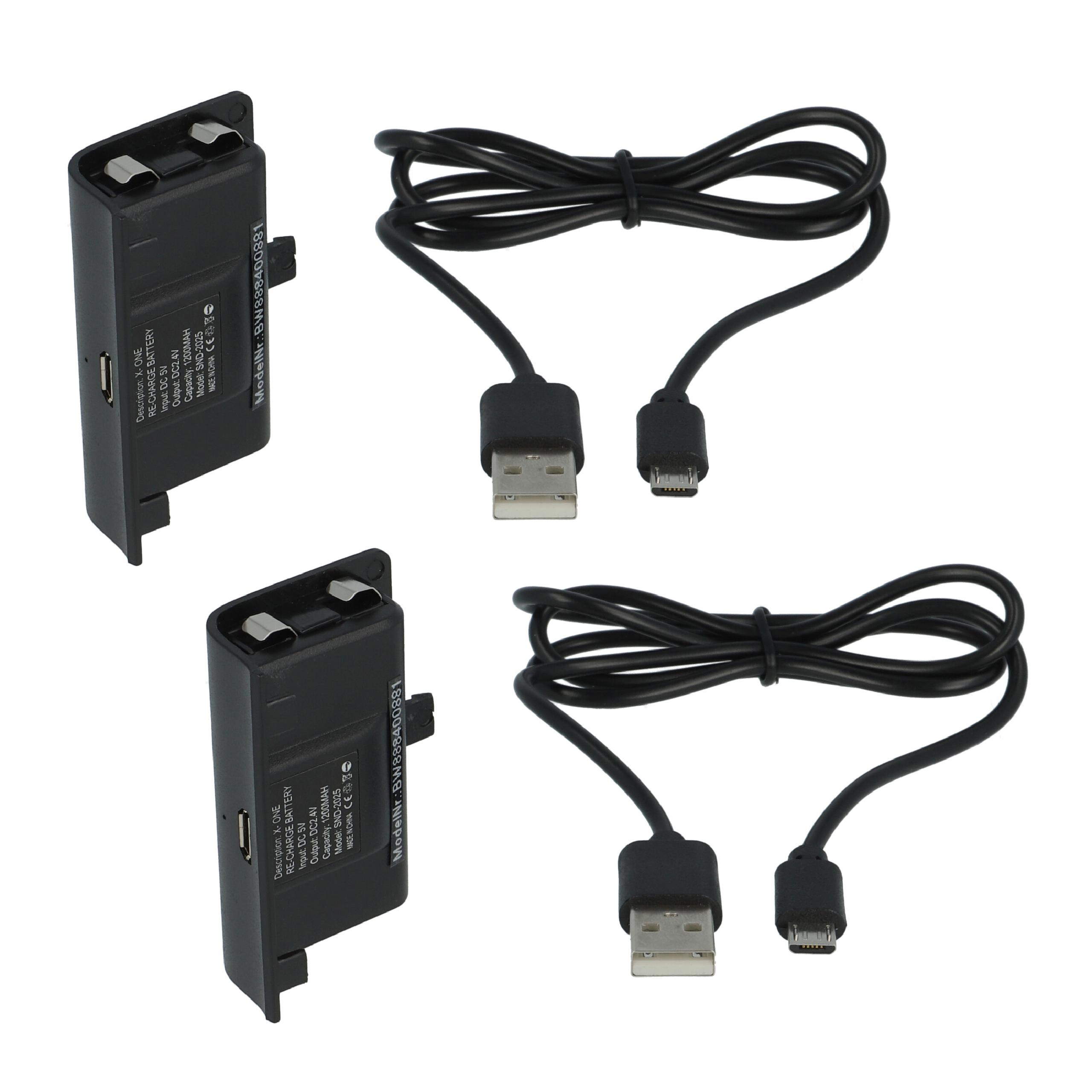 Zwei schwarze Akkus und zwei USB-Kabel auf weißem Hintergrund. Jede Batterie hat ein Kabel.