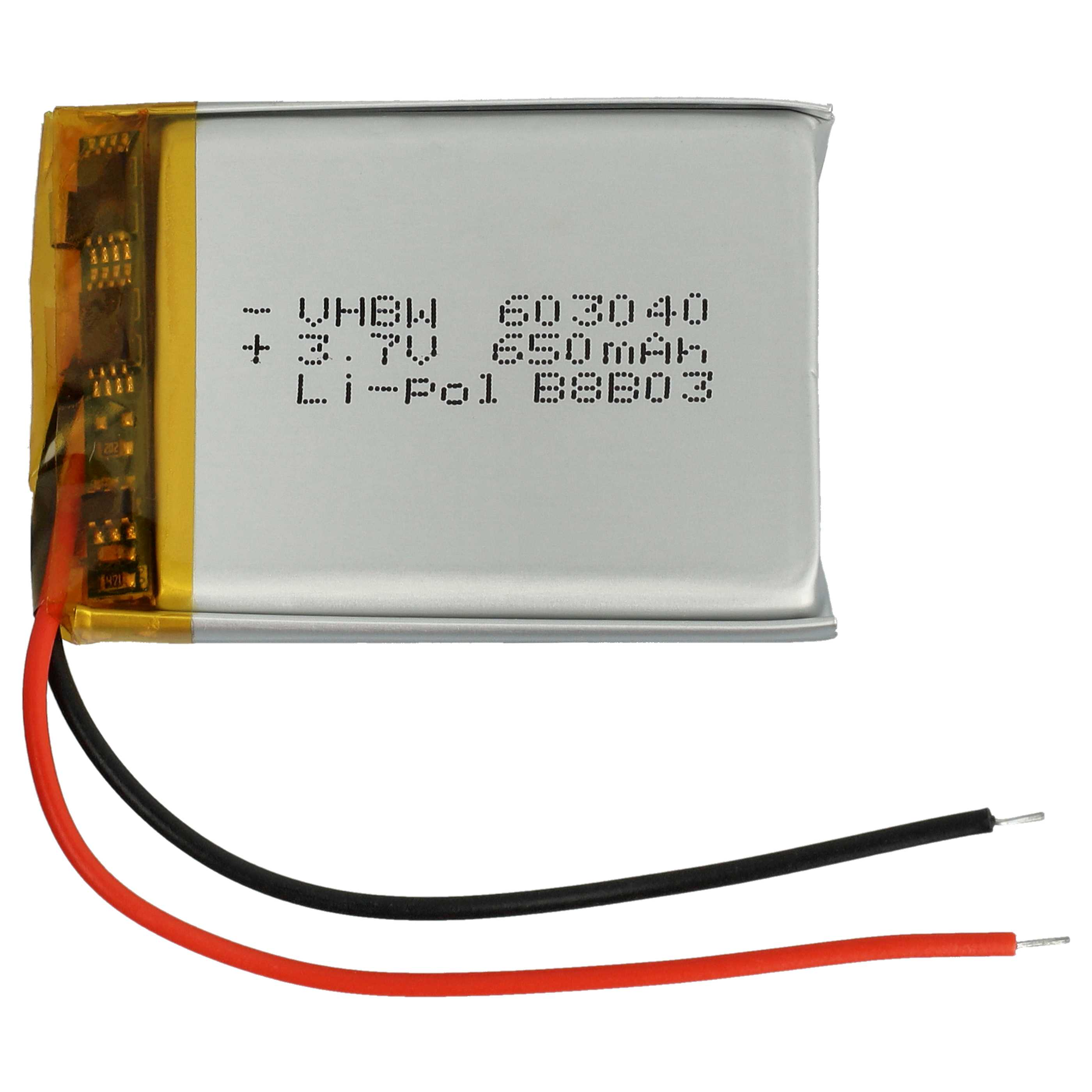 Ein rechteckiger Akku mit Text und Drähten. Die Batterie ist silberfarben mit Text und hat rote und schwarze Drähte.
