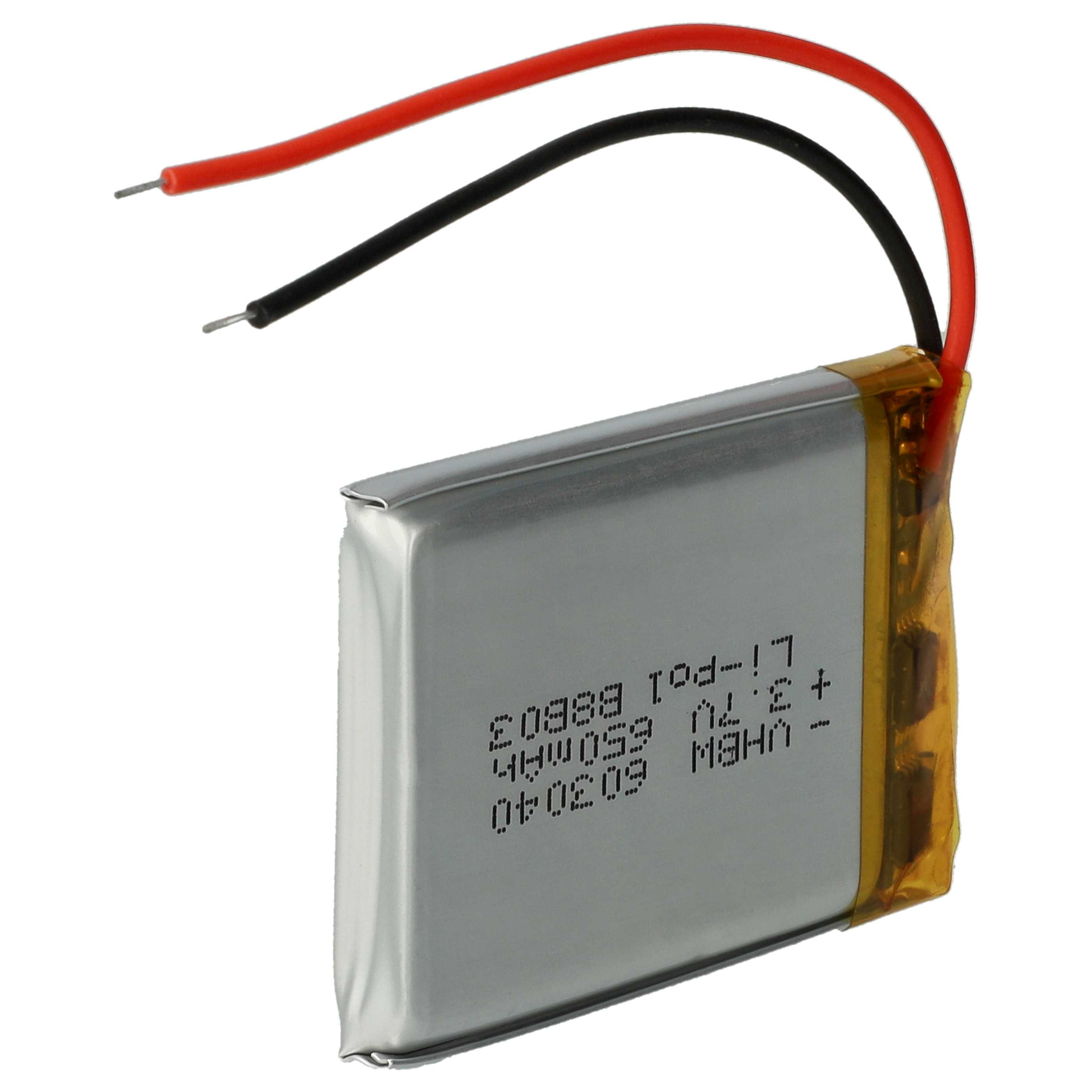 Ein kleiner rechteckiger Akku mit roten und schwarzen Drähten. Die Batterie hat Text darauf. Die Drähte haben freiliegende Spitzen.