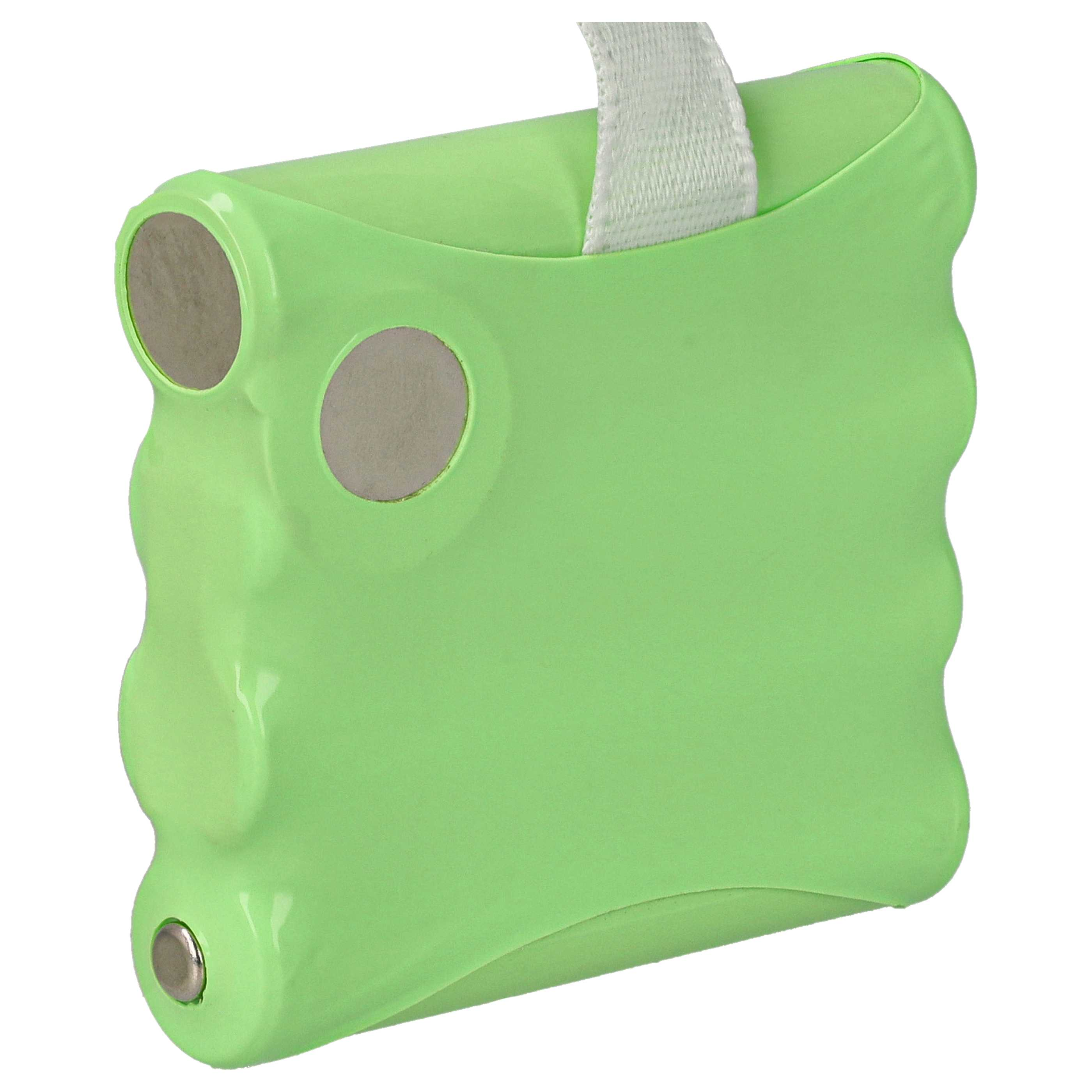 Ein limettengrüner Akkupack mit zwei Metallkreisen an der Seite und einem weißen Riemen oben.