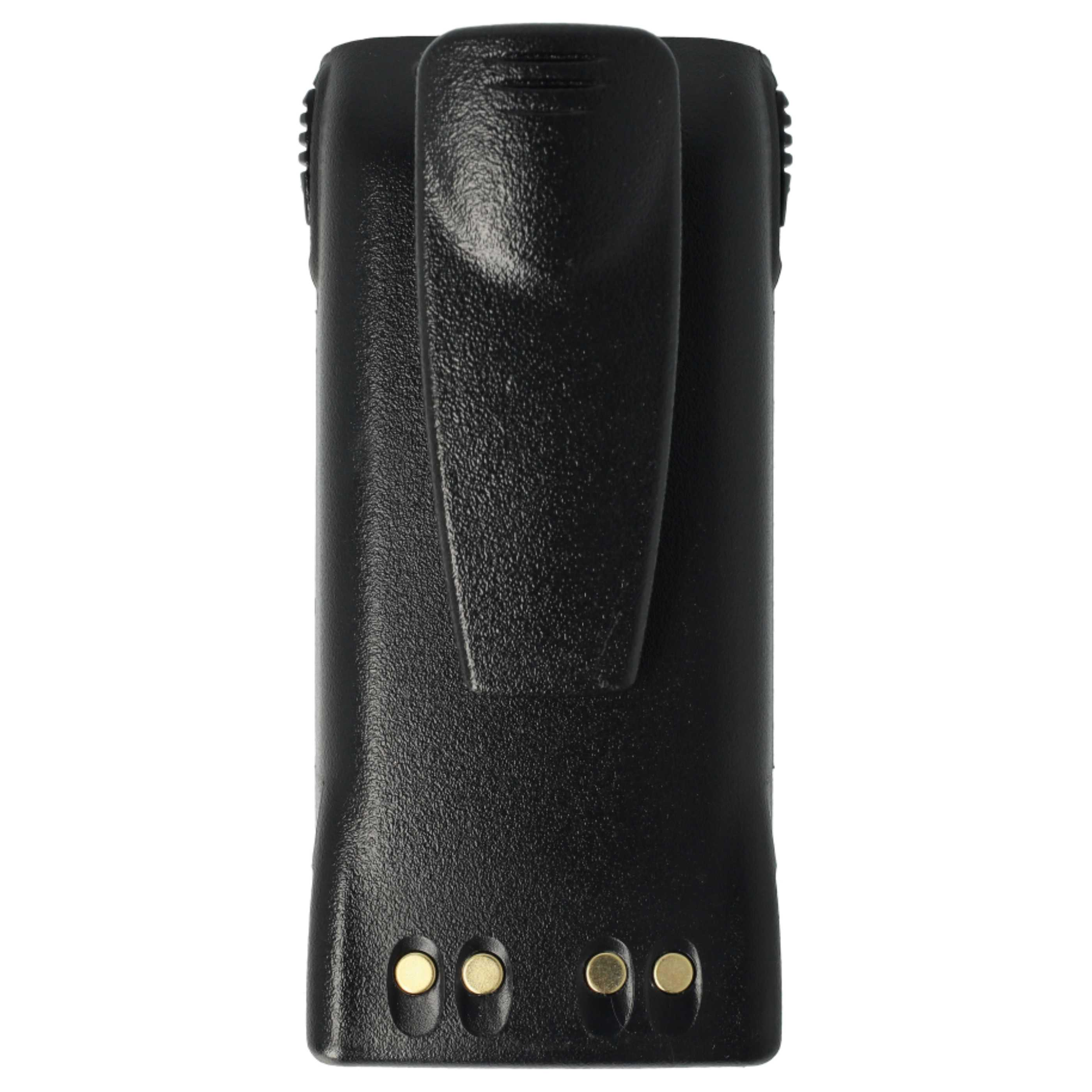 Ein schwarzes Walkie-Talkie-Akkupack. Es hat einen Clip und vier goldfarbene Kontakte an der Unterseite.
