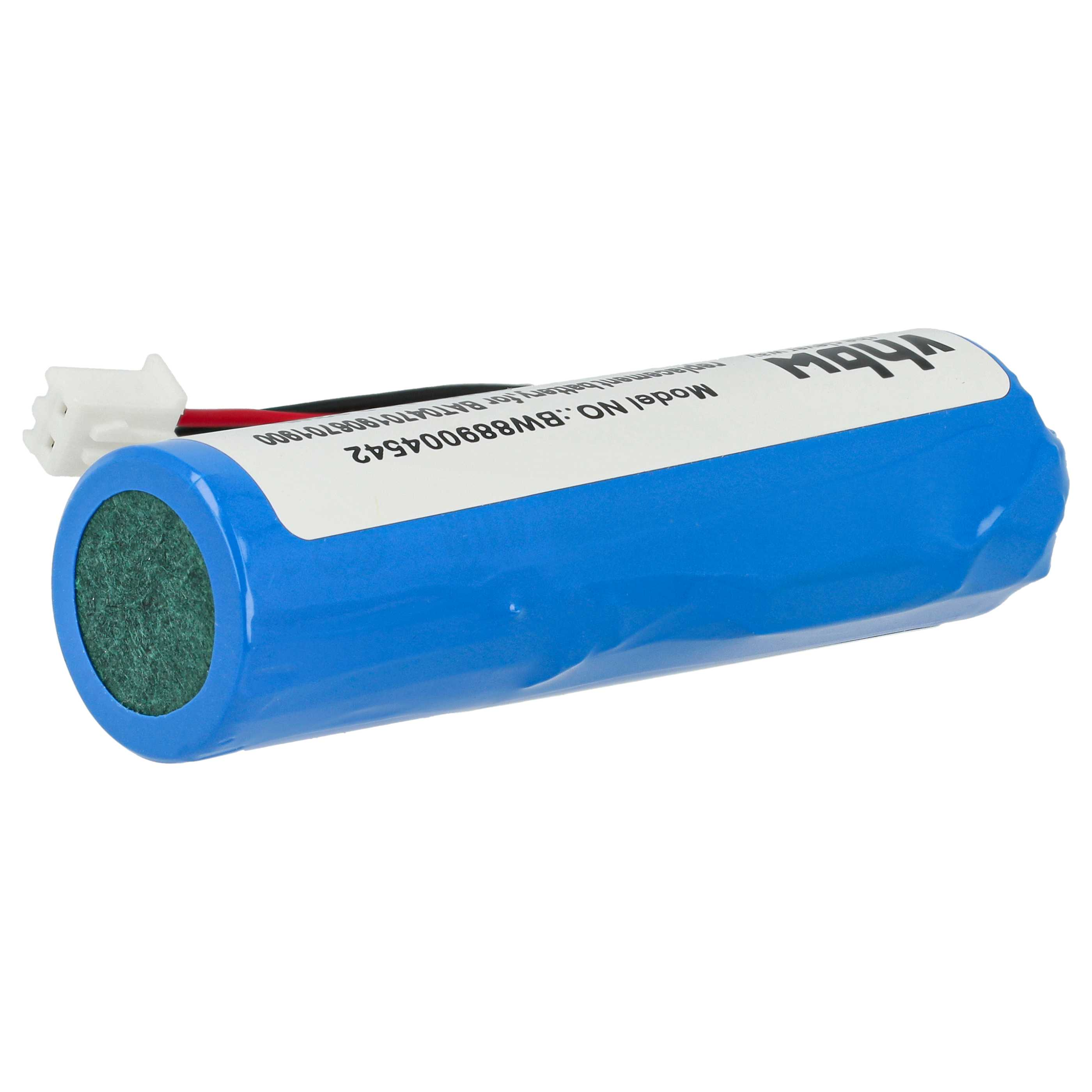 Eine blaue zylindrische Batterie mit weißem Etikett, grünem Ende und weißem Stecker. Die Batterie befindet sich auf weißem Hintergrund.