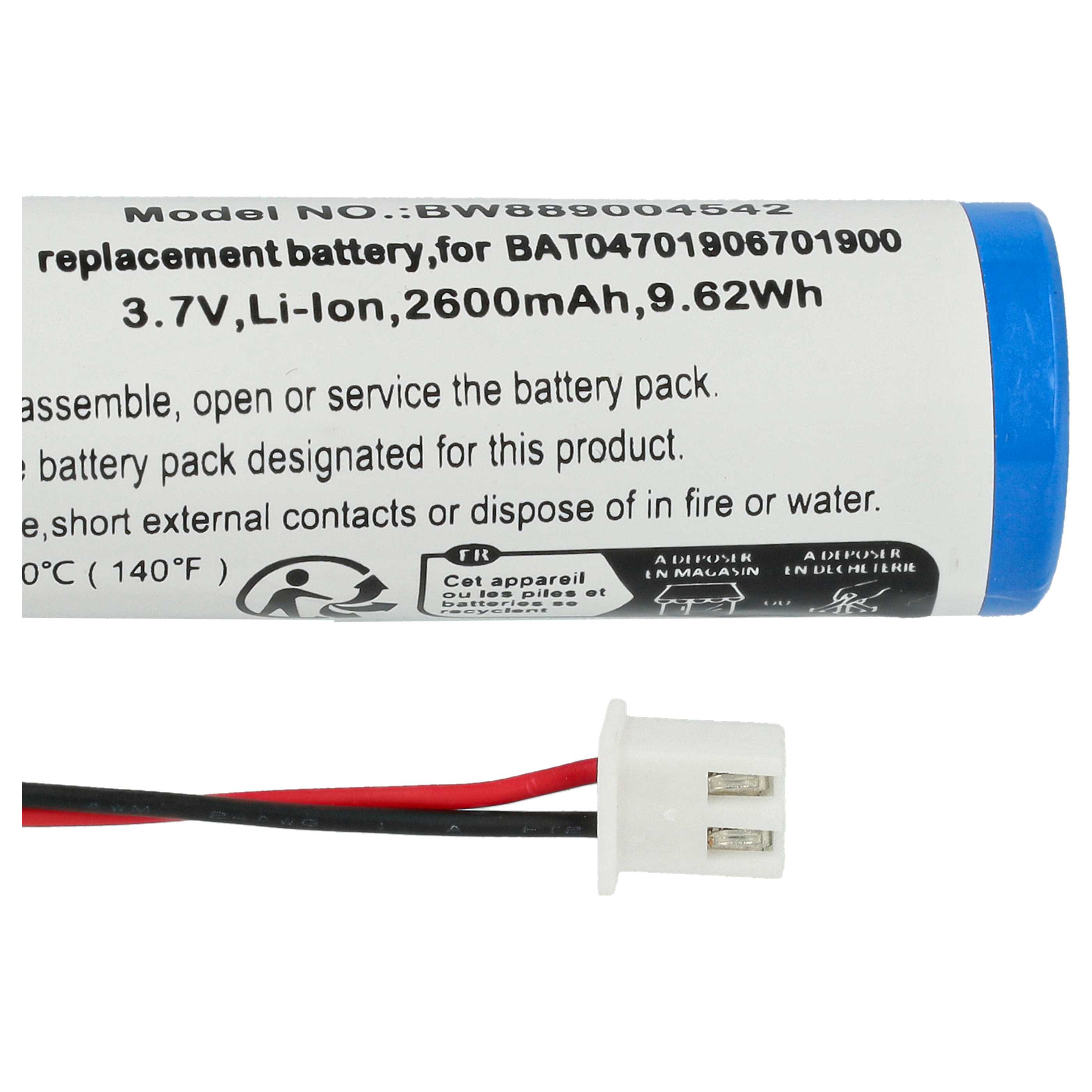 Ein Akkupack mit Text und einem Stecker. Auf den Etiketten stehen Modell, Spannung, Kapazität und Recyclinghinweise.