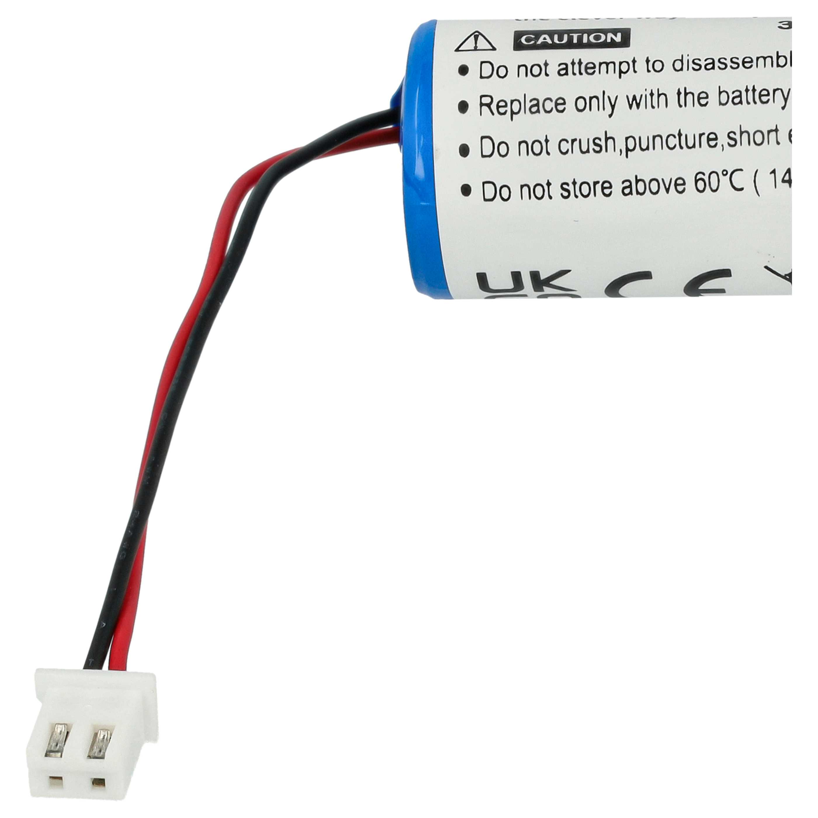 Eine Batterie mit schwarzen und roten Drähten, die mit einem weißen Stecker verbunden sind, wird gezeigt. Es sind Warnhinweise aufgedruckt.