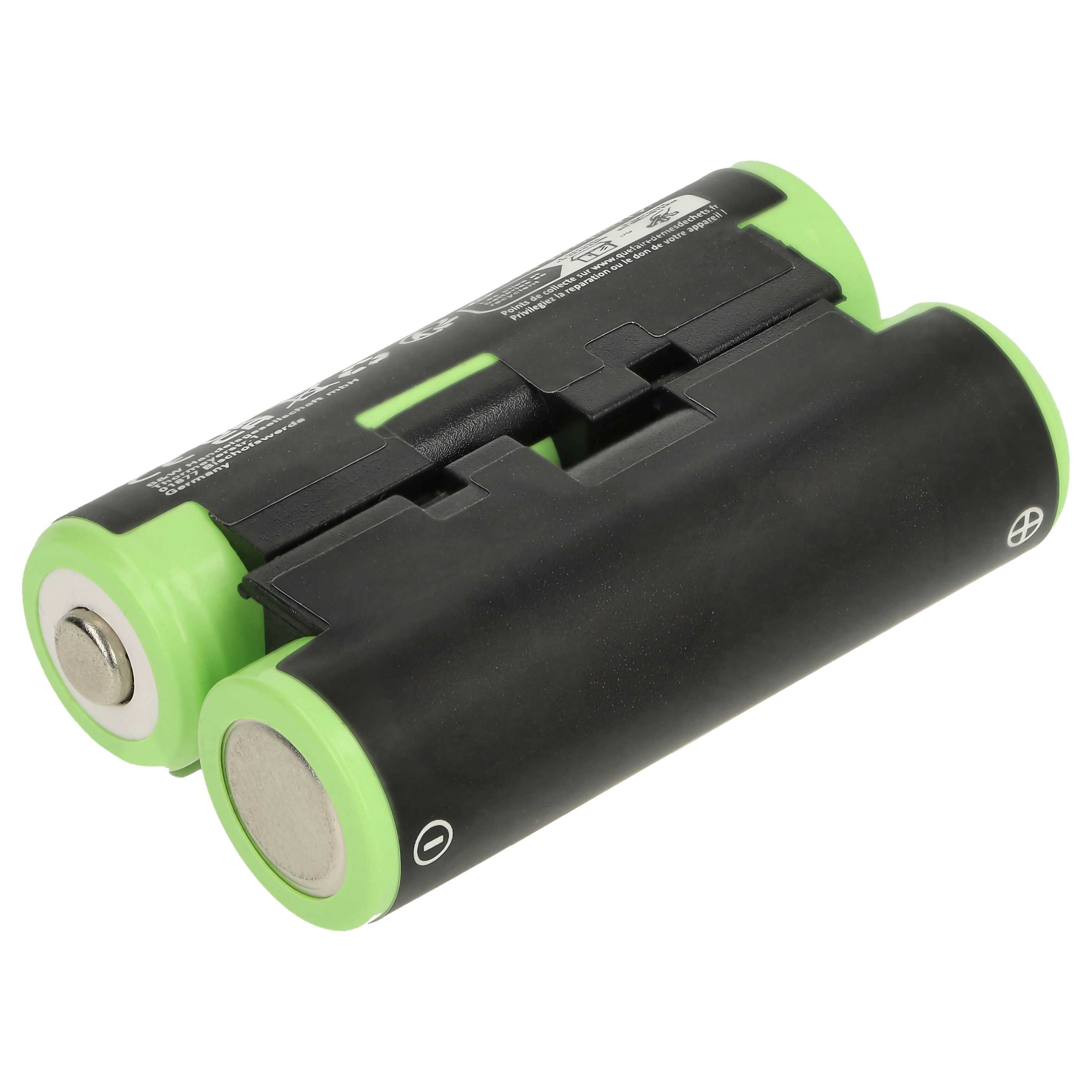 Zwei verbundene Batterien. Schwarzer Körper, grüne Enden. Positive und negative Symbole sind sichtbar. Der Hintergrund ist weiß.