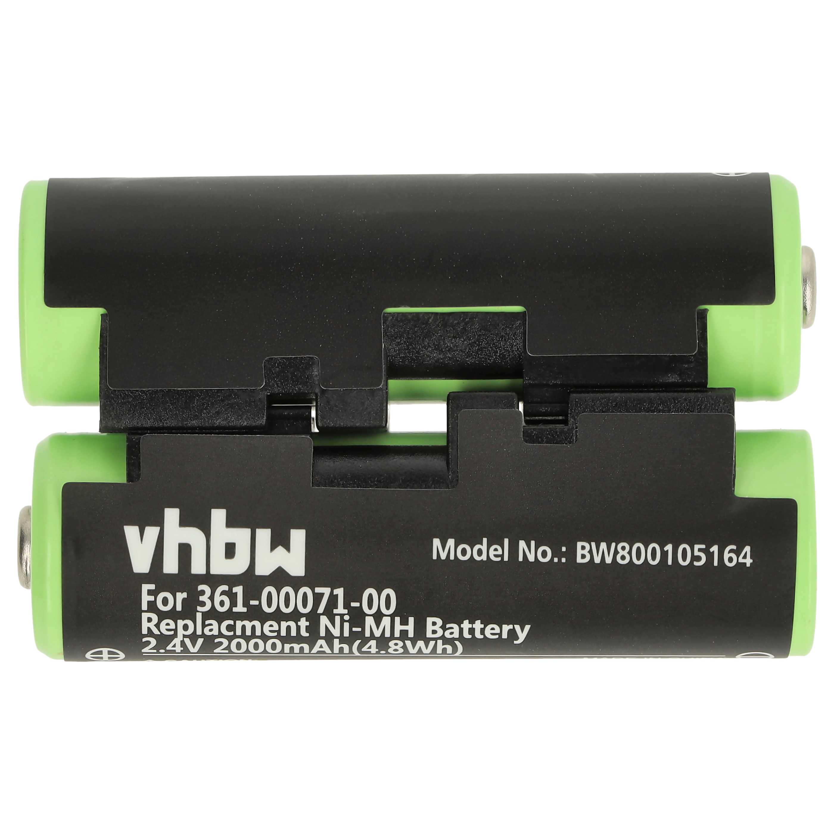 Zwei schwarze Batterien mit grünen Enden sind gestapelt. Auf der Vorderseite steht vhbw, Modellnummer und Batteriespezifikationen.